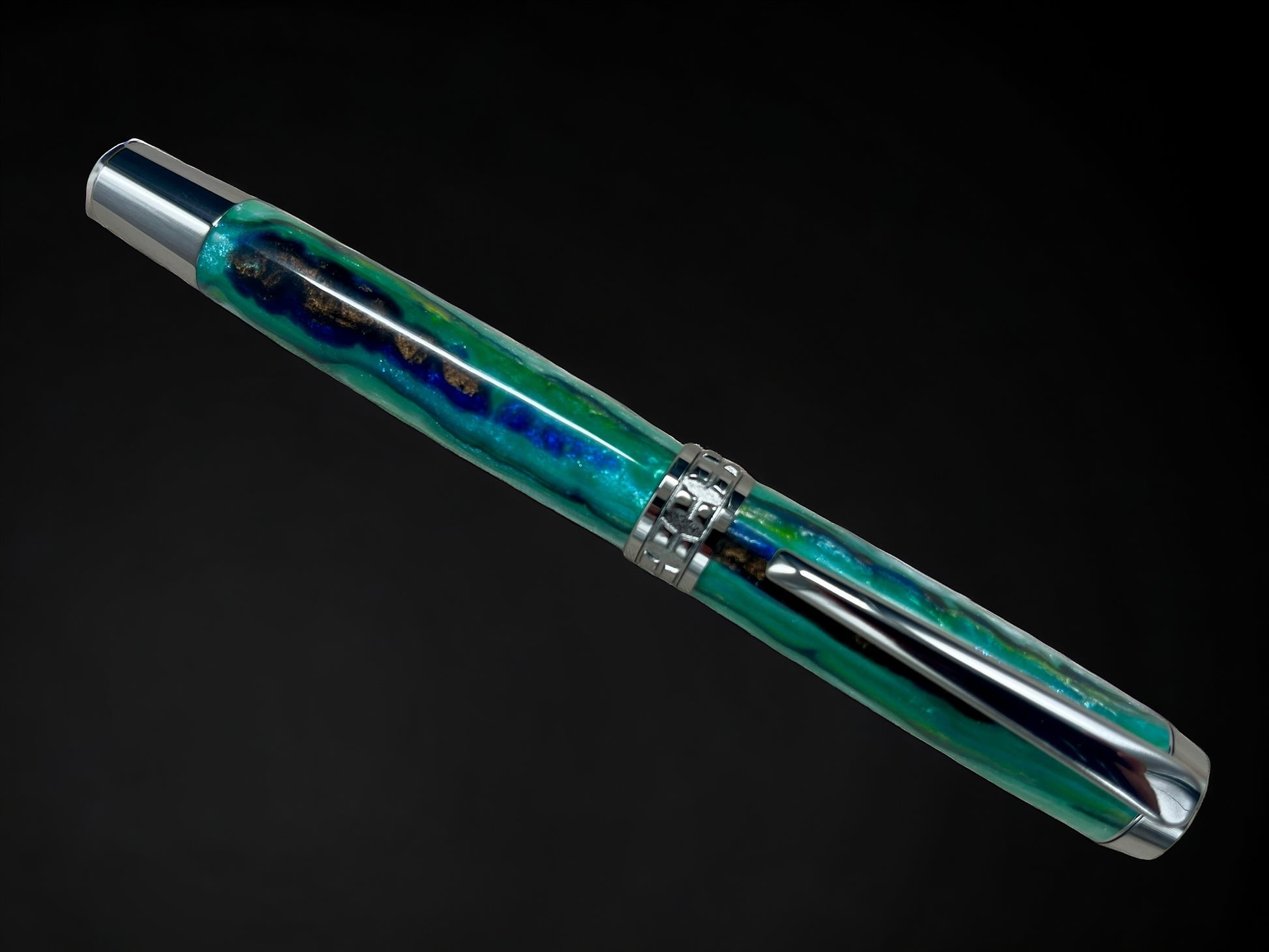 Green Stripe, One of a Kind “SKYE” Black Titanium Handmade Fountain Pen. Artisan Rare & Completely Custom, Handcrafted in Colorado, USA. - HighlanderPen