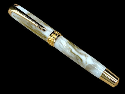 Gold Handmade Fountain Pen, Luxury, Acrylic, One of a Kind, Handcrafted in CO. Ink, Converter, Sleeve, & Box Included. By Highlander Pen. [ML-FP-1012-01]