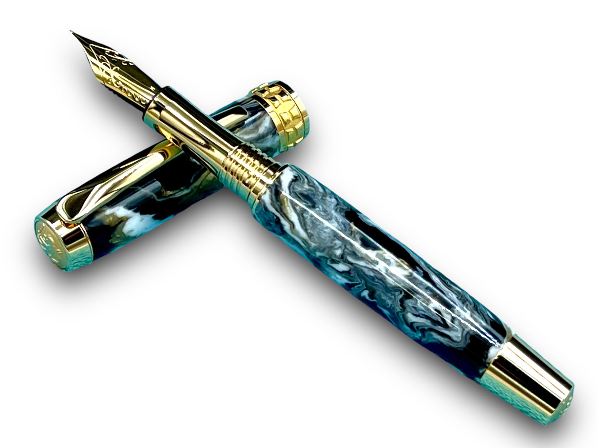 Elegant “Black/Gold Swirl” Handcrafted Luxury Gold Fountain Pen, One of a Kind, Handmade in Colorado. Ink, Converter, Sleeve, & Box Included - HighlanderPen