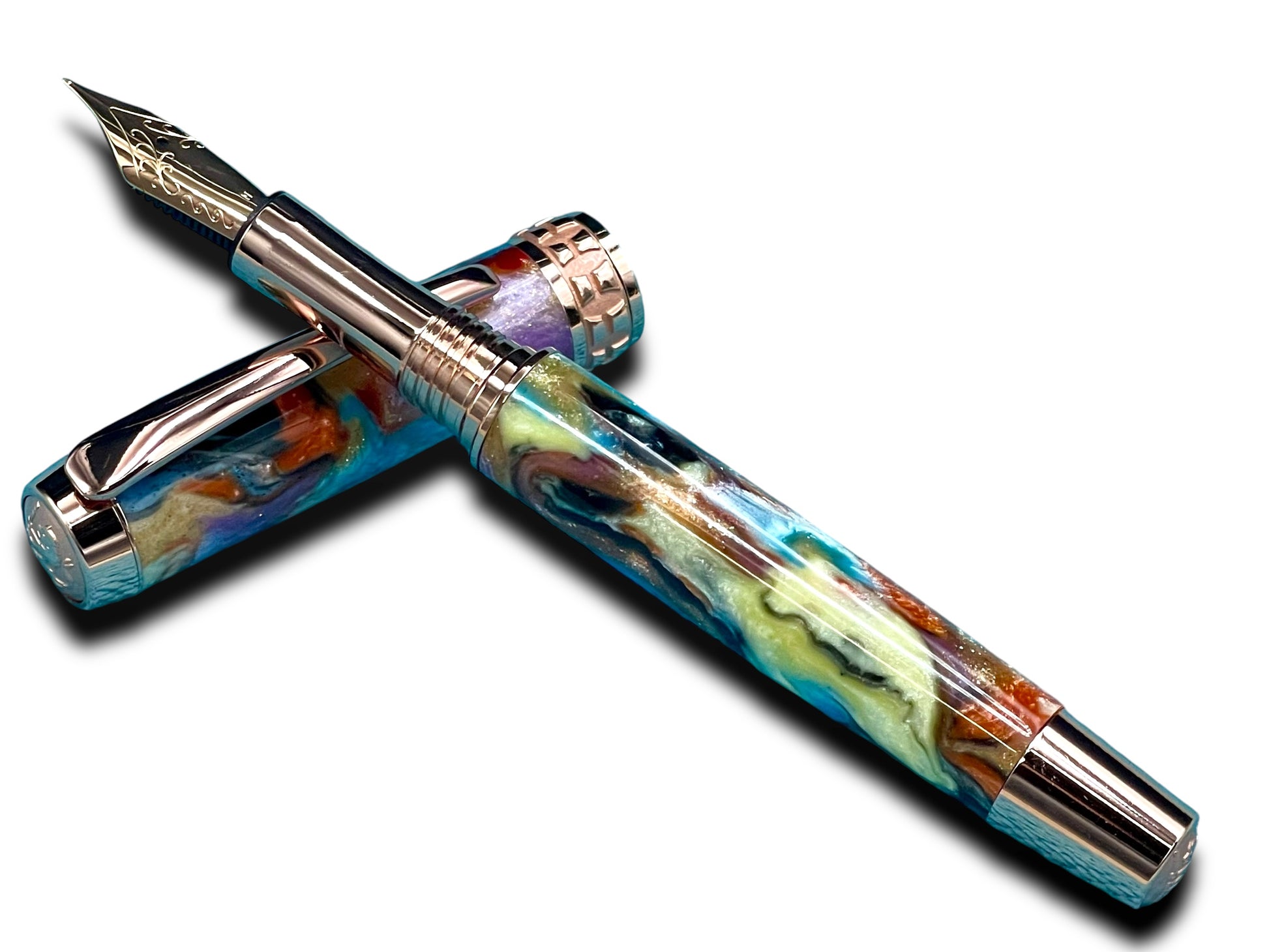 Elegant “Color Splash Acrylic” Rose Gold Fountain Pen, One of a Kind, Handmade in Colorado. Ink, Converter, Pen Sleeve & Box Included. - HighlanderPen