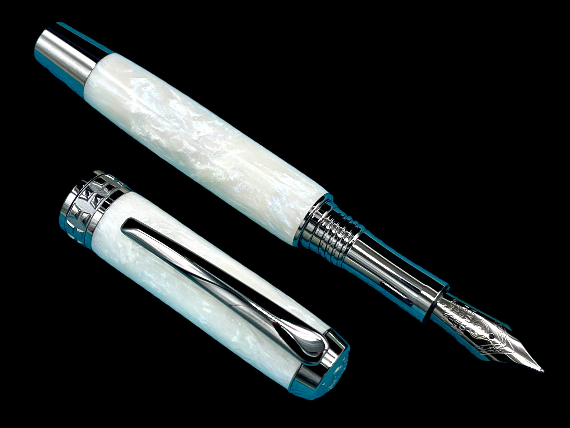 Elegant “Pearly Opal” Black Titanium Acrylic Fountain Pen, Artisan Handcrafted Writing Instrument. Converter, Ink, Sleeve & Box Included. - HighlanderPen