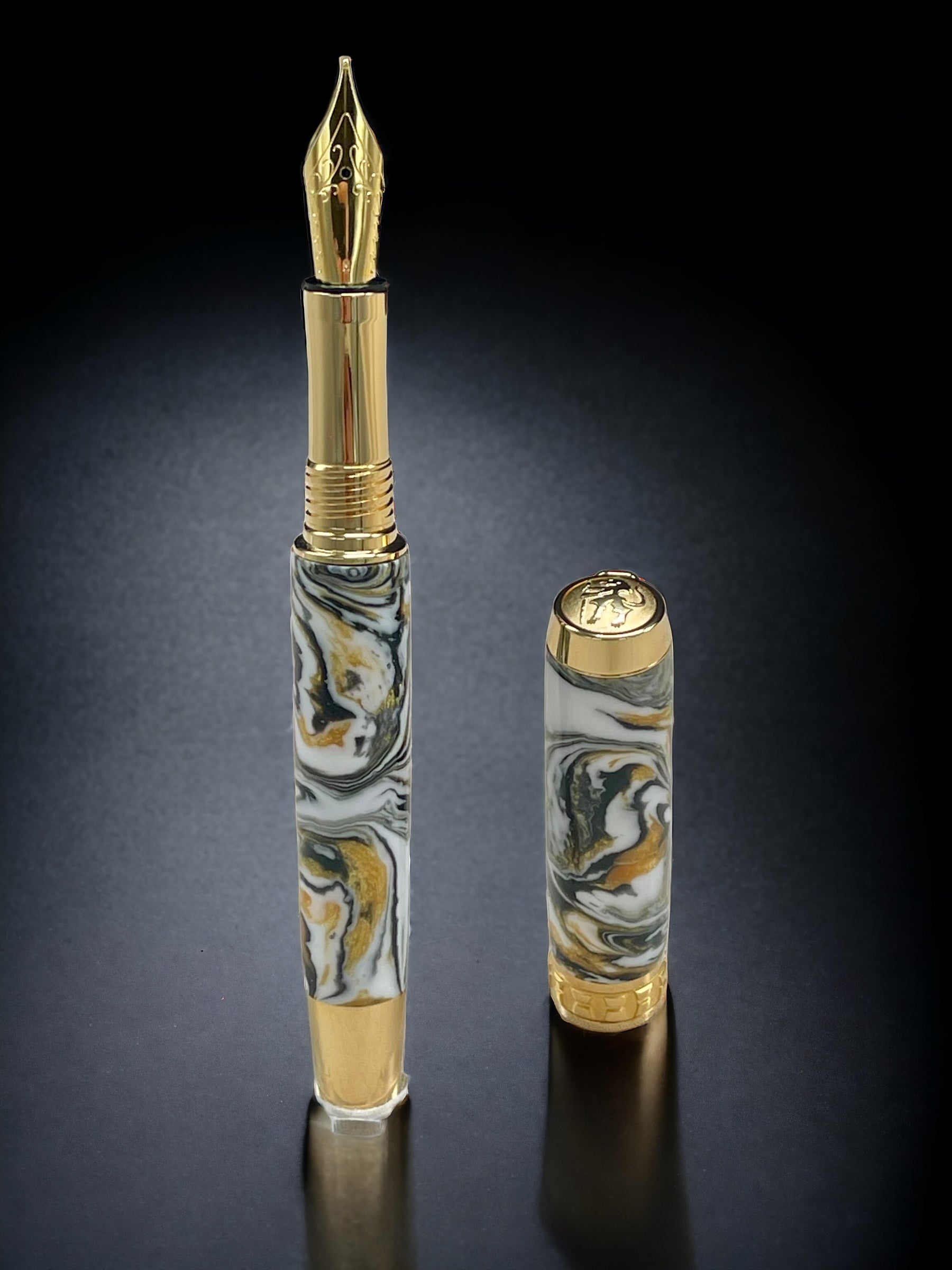 “Striking Swirl” Gold Fountain Pen, Artisan Handcrafted Writing Instrument. Simple to Use. Handmade with Custom Hardware in CO, One of a Kind. - HighlanderPen