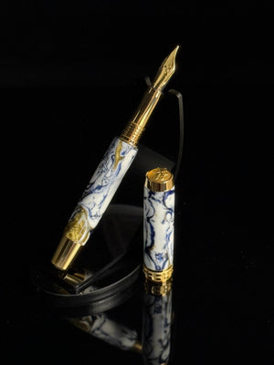 Ming Dynasty | Gold Fountain Pen | Blue, White & Gold Resin | Handcrafted by Highlander