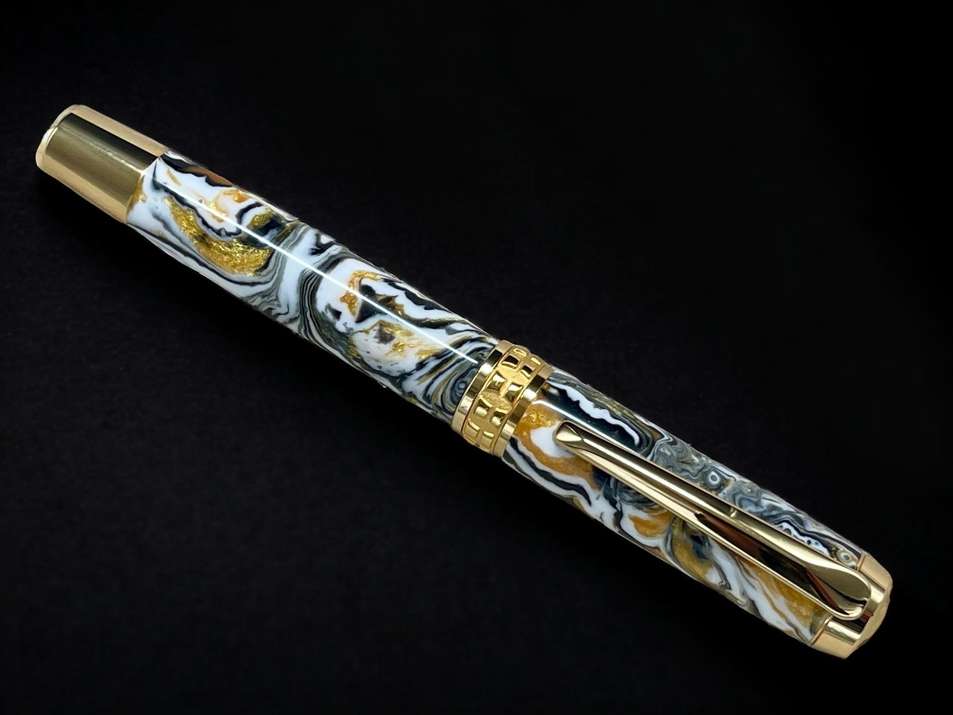 “Striking Swirl” Gold Fountain Pen, Artisan Handcrafted Writing Instrument. Simple to Use. Handmade with Custom Hardware in CO, One of a Kind. - HighlanderPen