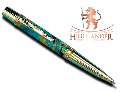 Elegant Gold Ballpoint Pen, Artisan Handcrafted Writing Instrument. Handmade Custom in CO. One of a Kind, Ink, Sleeve, & Box Included. - HighlanderPen