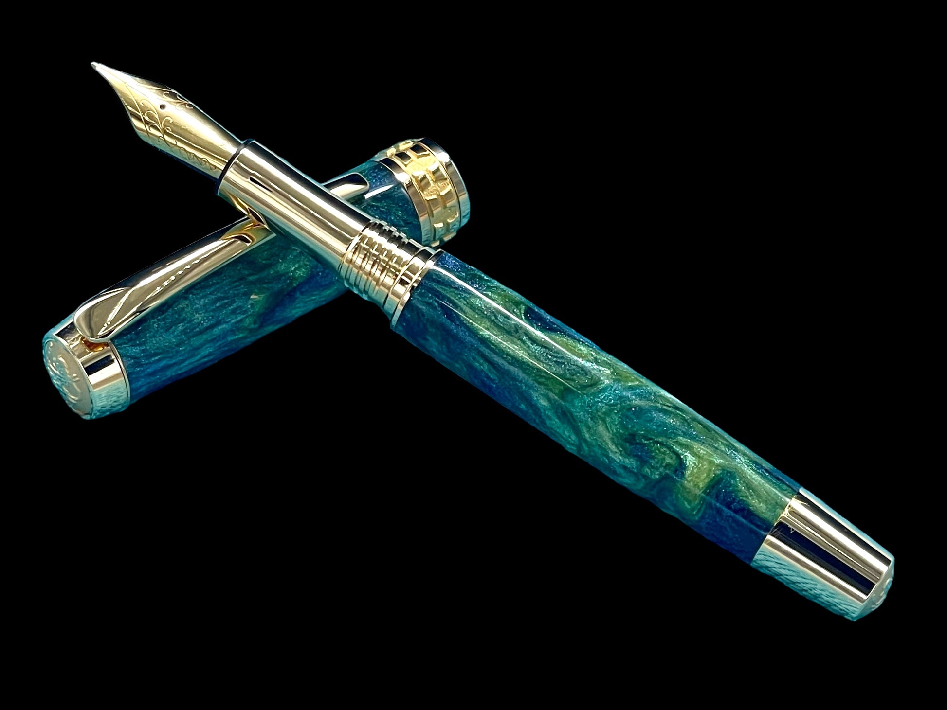 Elegant “Peacock” Handcrafted Luxury Gold Fountain Pen, One of a Kind, Handmade in Colorado. Ink, Converter, Sleeve, and Box Included. - HighlanderPen