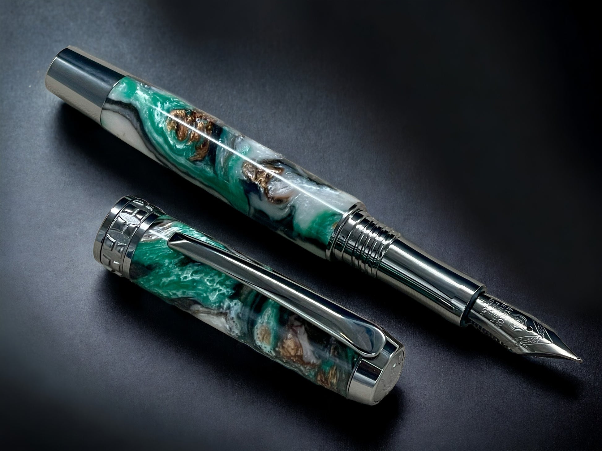 “Evergreen”, One of a Kind, Black Titanium “SKYE”, Handmade Acrylic Fountain Pen. Artisan Rare & Unique, Custom, Handcrafted in Colorado, USA. - HighlanderPen