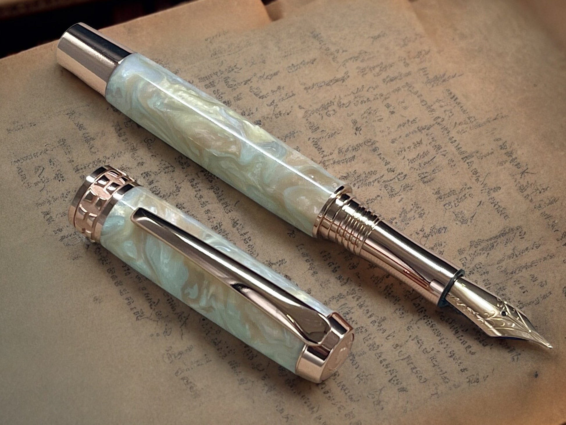 Elegant Pastel Opal Rose Gold Fountain Pen, Artisan Handcrafted Writing Instrument. Simple to Use. Handmade Custom in CO USA. One of a Kind - HighlanderPen