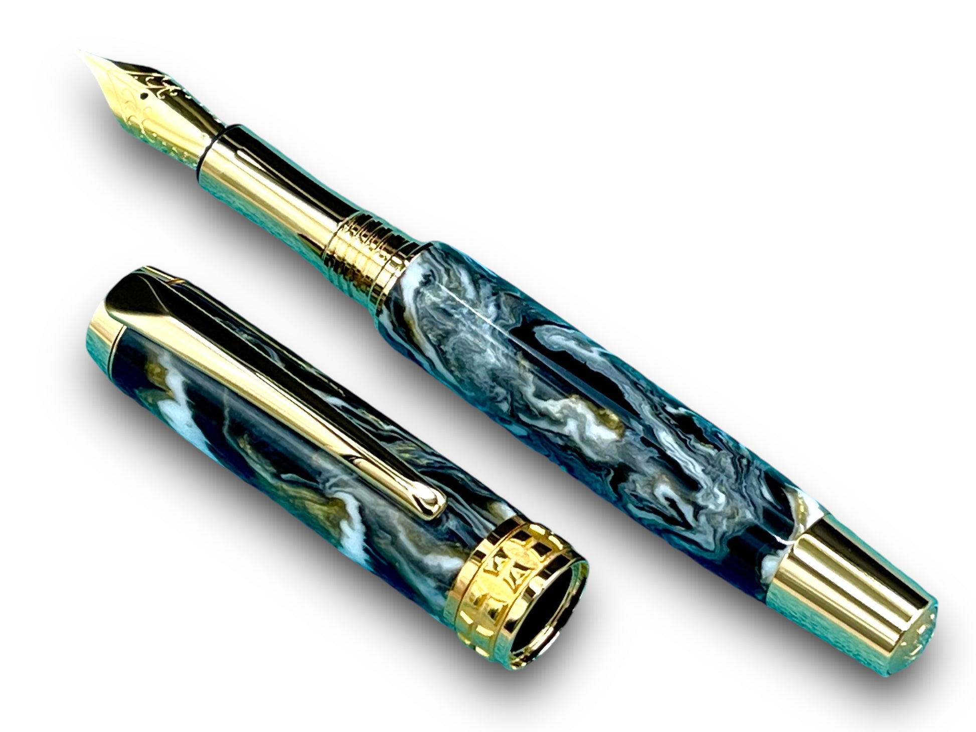 Elegant “Black/Gold Swirl” Handcrafted Luxury Gold Fountain Pen, One of a Kind, Handmade in Colorado. Ink, Converter, Sleeve, & Box Included - HighlanderPen