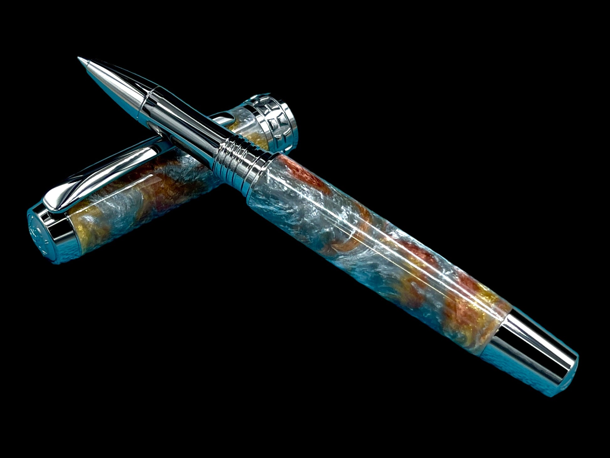 Striking “Molten Metals” Black Titanium Acrylic Rollerball Pen, Handcrafted Writing Instrument. Handmade in CO. With Ink, Sleeve, & Box. - HighlanderPen