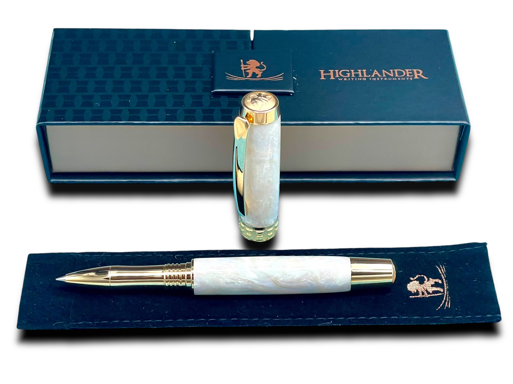 Elegant “Pearly Opal” Handcrafted Gold Rollerball Pen, One of a Kind, Handmade in Colorado. Ink, Velvet Sleeve, and Pen Box Included. - HighlanderPen