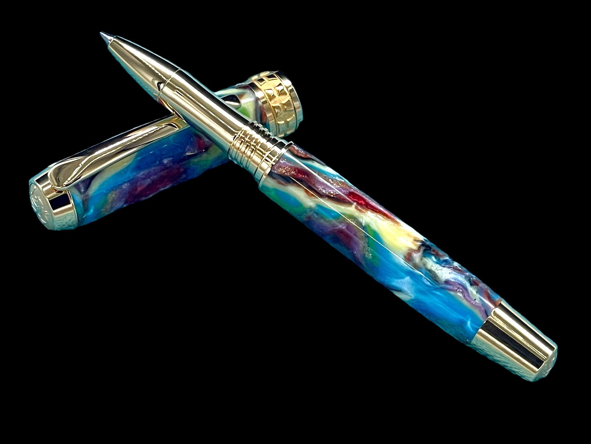 Striking “Color Swirls” Handcrafted Gold Rollerball Pen, One of a Kind, Handmade in Colorado. Ink, Velvet Sleeve, and Pen Box Included. - HighlanderPen