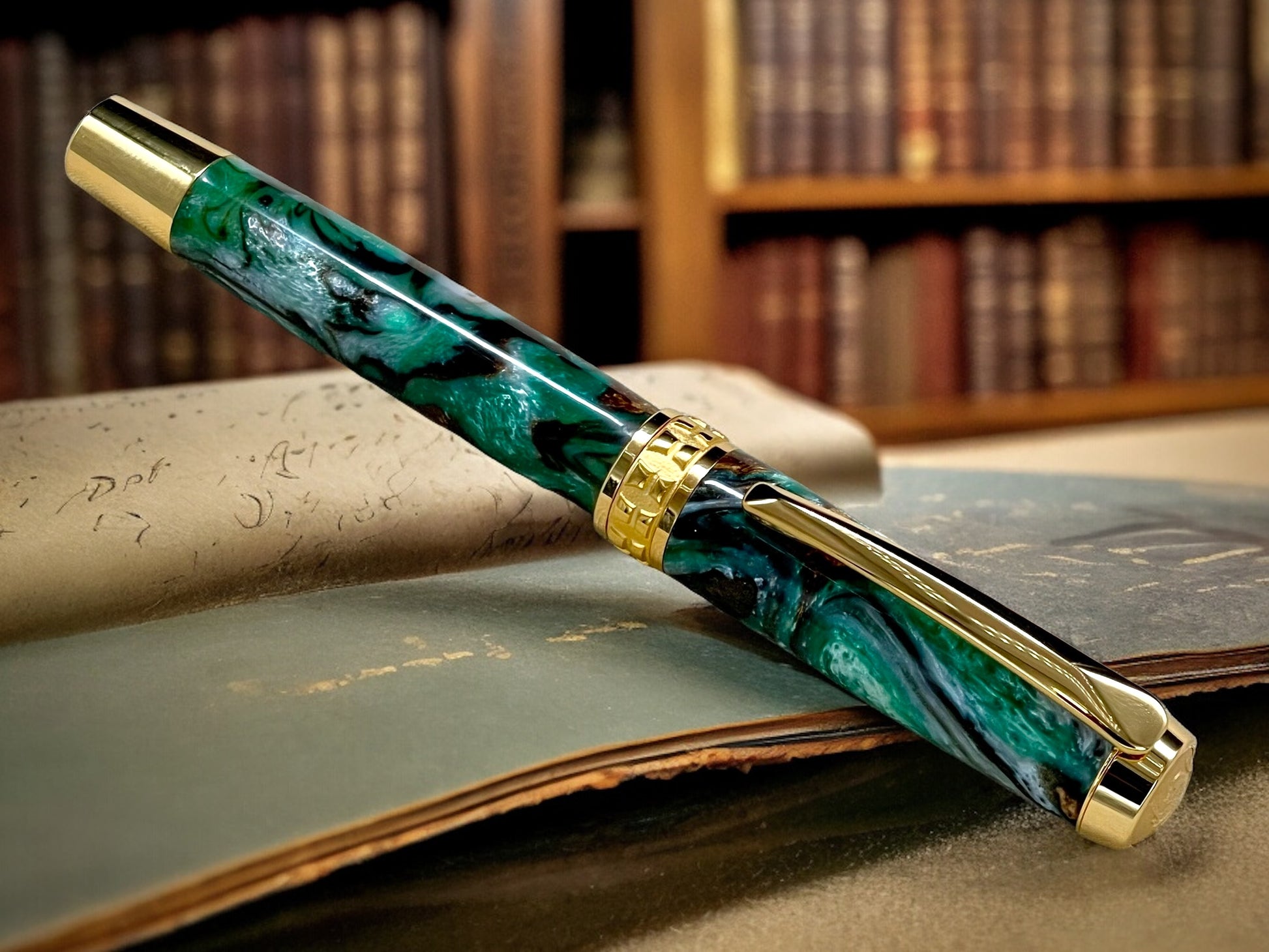 Elegant “Green & Bronze Swirl" Gold Rollerball Pen, Artisan Handcrafted Writing Instrument. Handmade Custom in Colorado. One of a Kind. - HighlanderPen