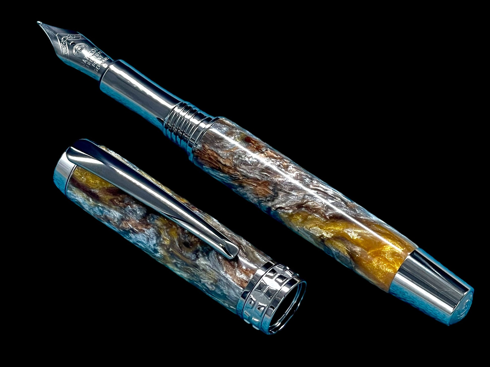 Striking “Molten Metals” Black Titanium Fountain Pen, Artisan, One of a Kind, Handmade in CO. Pen Box, Sleeve, Converter & Ink Included. - HighlanderPen