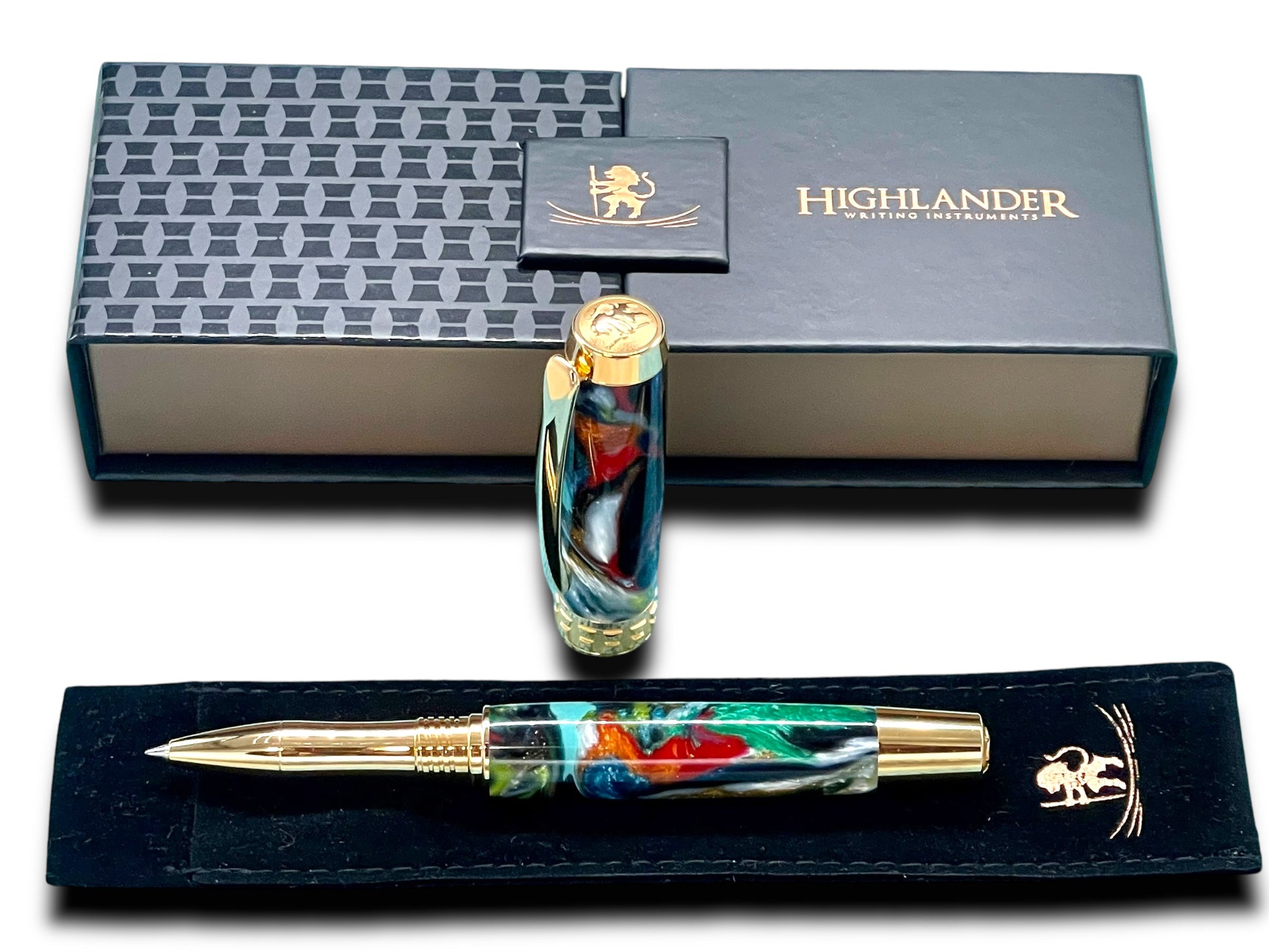 Elegant “Bright Swirls” Handcrafted Gold Rollerball Pen, One of a Kind, Handmade in Colorado. Ink, Velvet Sleeve, and Pen Box Included. - HighlanderPen