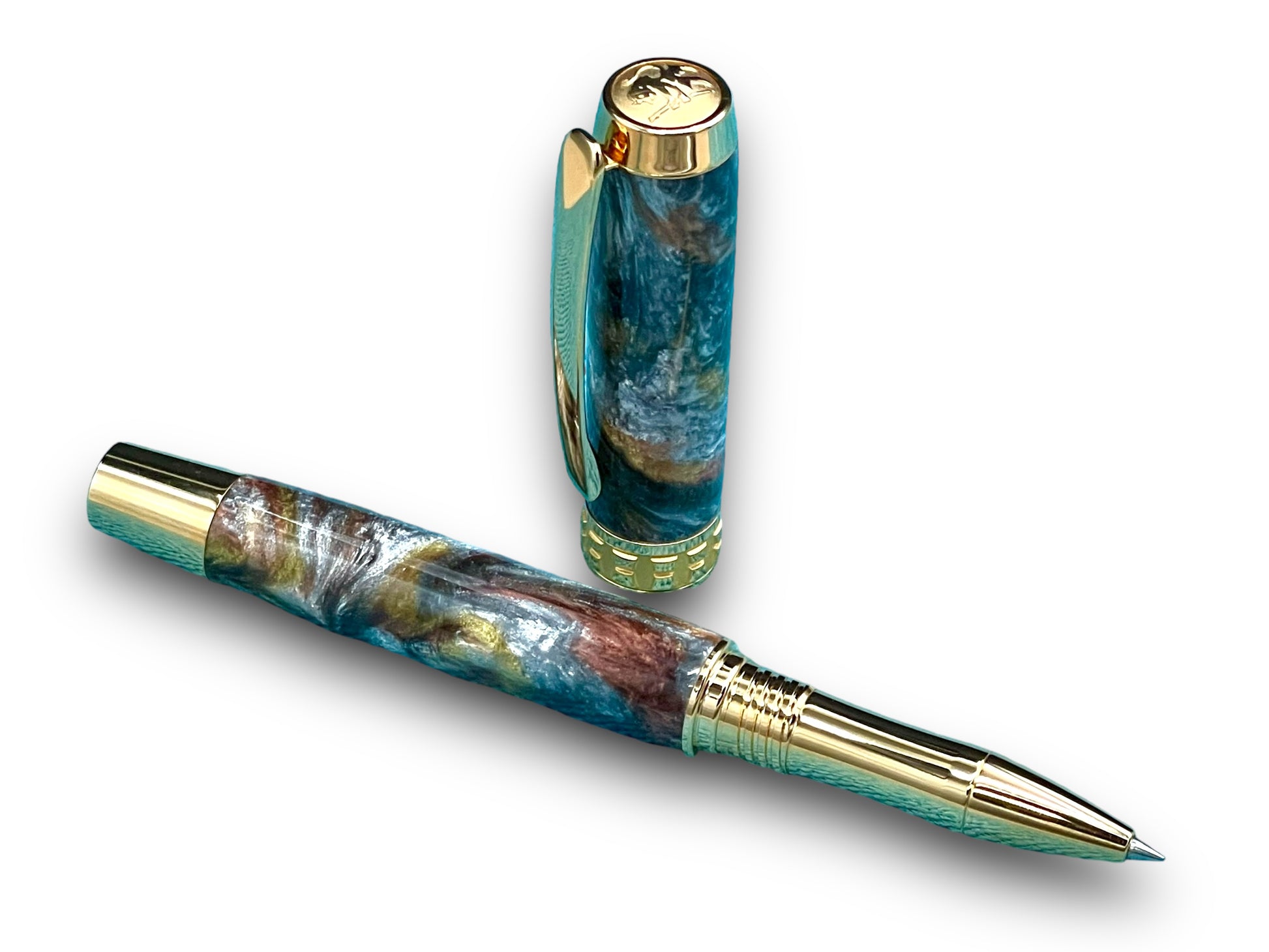 Beautiful “Molten Metals” Handcrafted Gold Rollerball Pen, One of a Kind, Handmade in Colorado. Ink, Velvet Sleeve, and Pen Box Included. - HighlanderPen