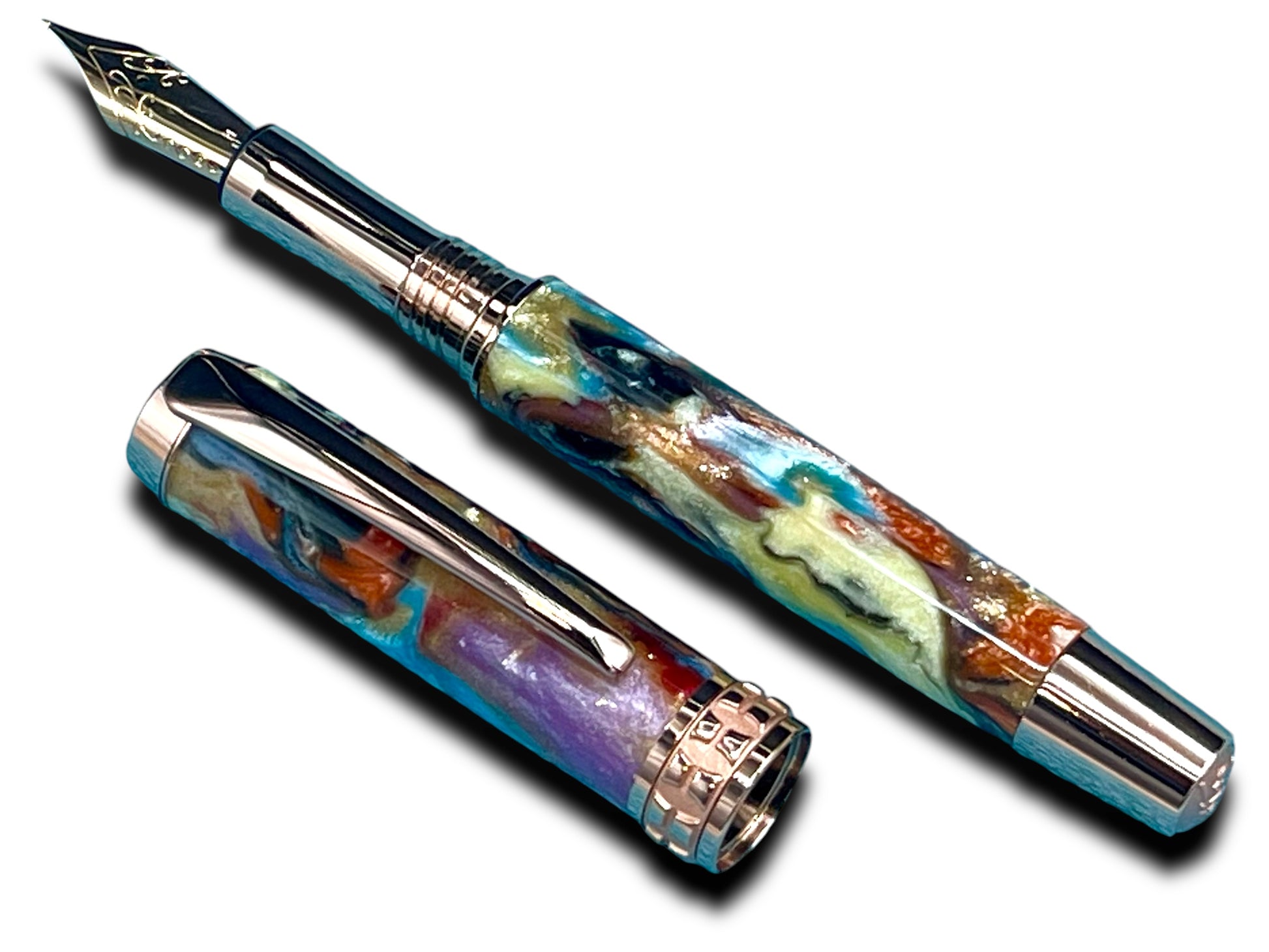 Elegant “Color Splash Acrylic” Rose Gold Fountain Pen, One of a Kind, Handmade in Colorado. Ink, Converter, Pen Sleeve & Box Included. - HighlanderPen