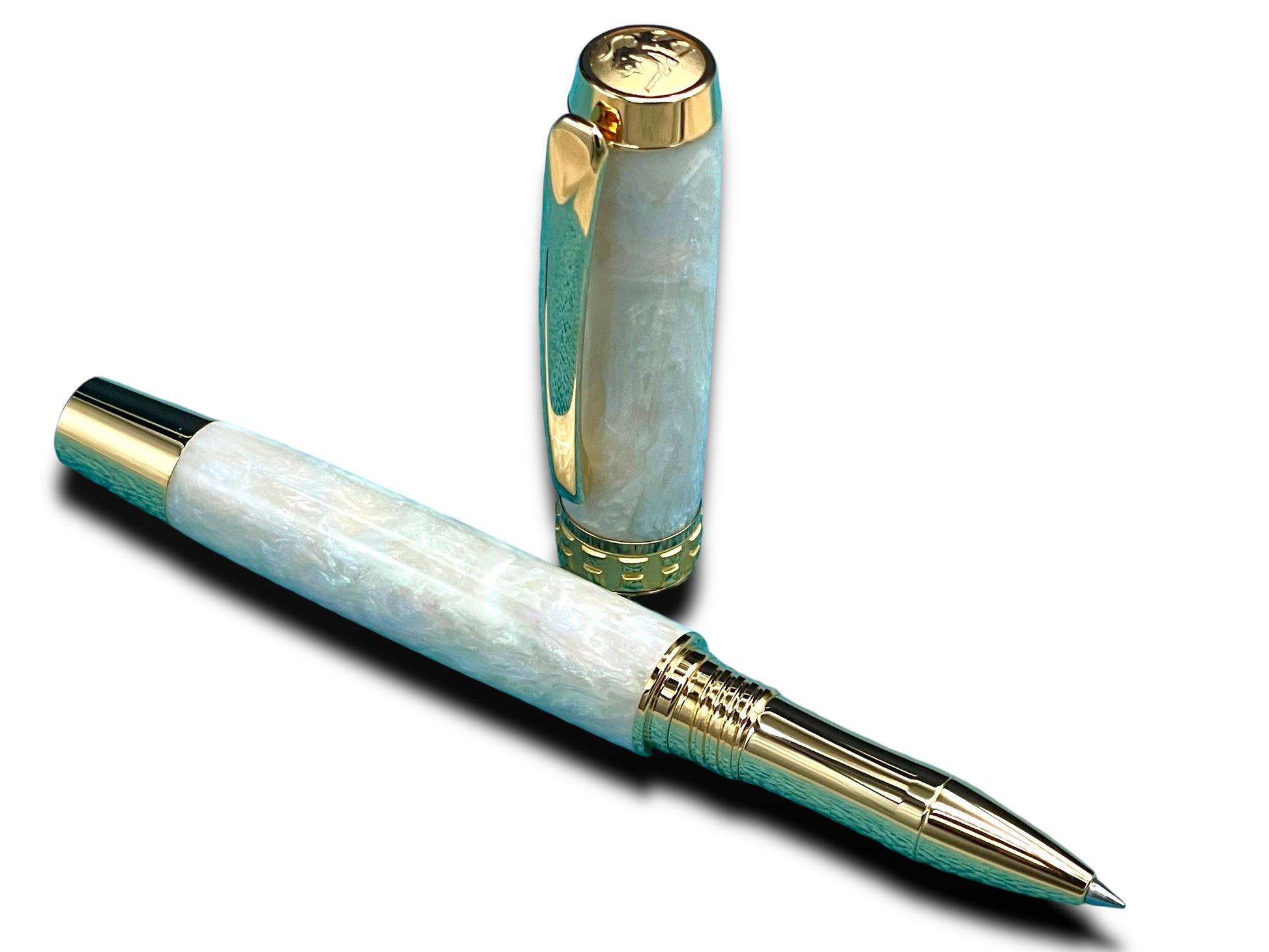 Elegant “Pearly Opal” Handcrafted Gold Rollerball Pen, One of a Kind, Handmade in Colorado. Ink, Velvet Sleeve, and Pen Box Included. - HighlanderPen