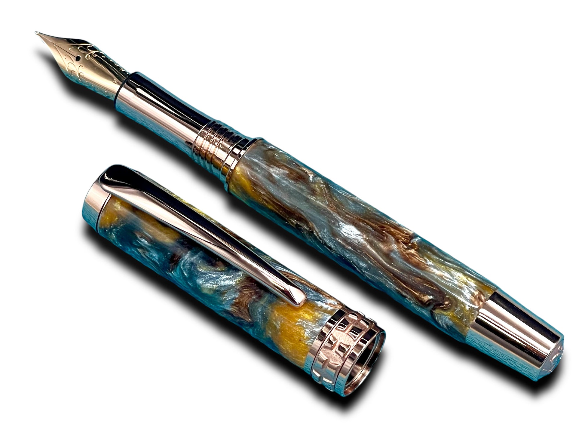 Striking “Molten Metals Acrylic” Rose Gold Fountain Pen, One of a Kind, Handmade in Colorado. Ink, Converter, Pen Sleeve & Box Included. - HighlanderPen