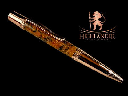 Rose Gold "Tiger’s Eye" Handmade Glasgow Ballpoint Pen. One of a Kind, Handcrafted by Highlander Pen in CO. Box, Ink, & Sleeve Included. [ML-BP-1212-04]