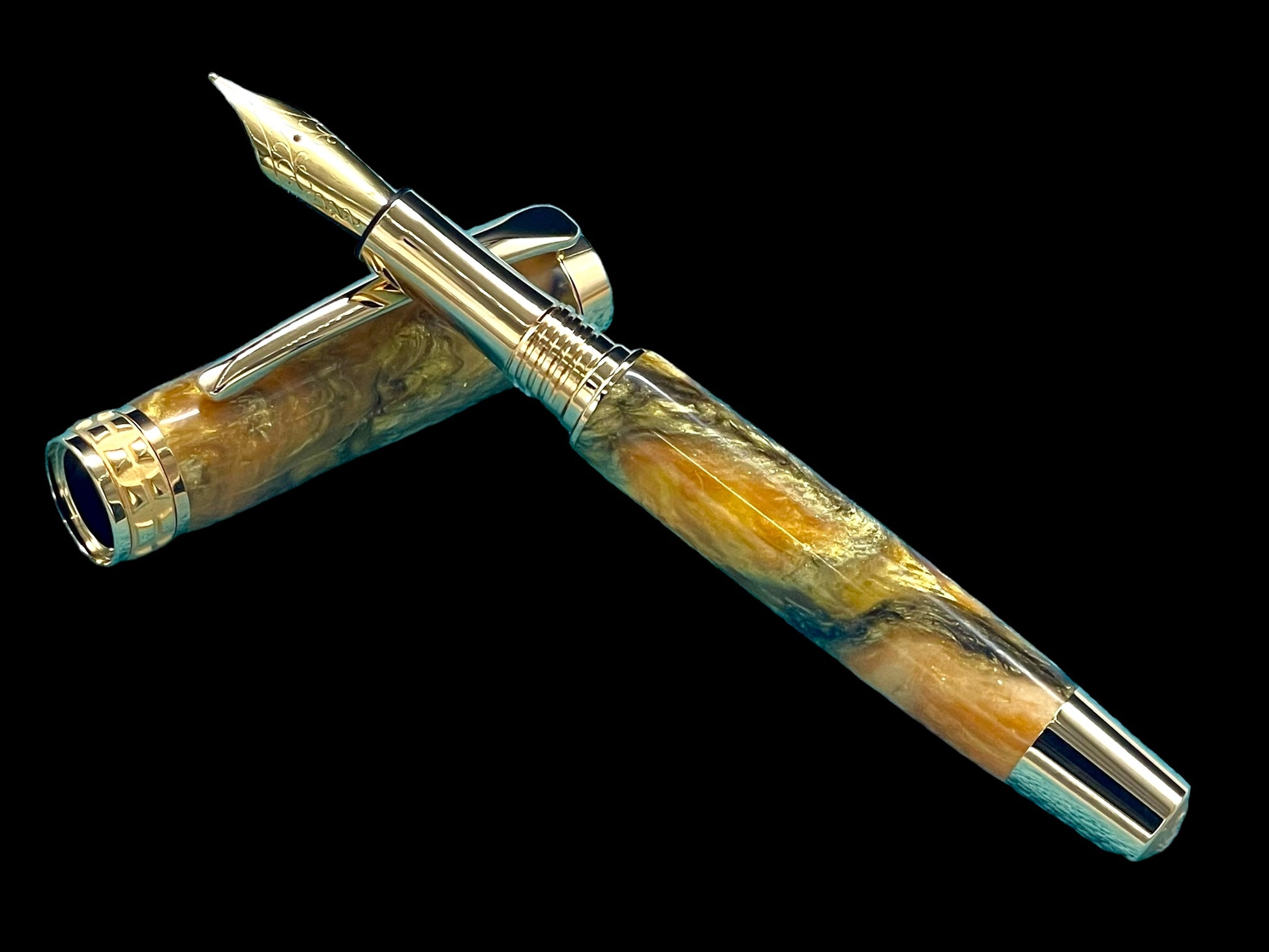 Striking “Gold-Orange Swirl” Handcrafted Gold Fountain Pen, One of a Kind, Handmade in Colorado. Ink, Converter, Sleeve, & Box Included. - HighlanderPen