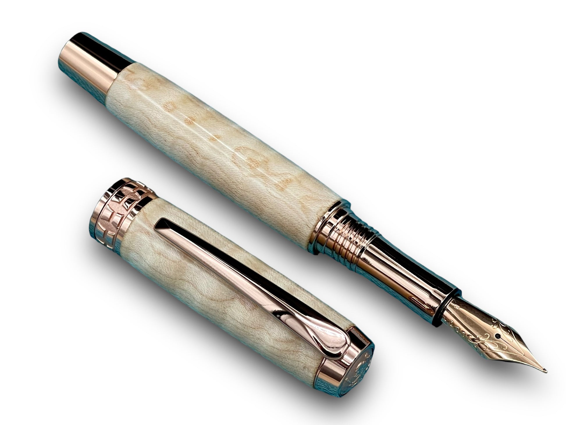 Exotic Curly Hard Maple Wood Rose Gold Fountain Pen, One of a Kind, Handmade in Colorado. Ink, Converter, Pen Sleeve & Box Included. - HighlanderPen