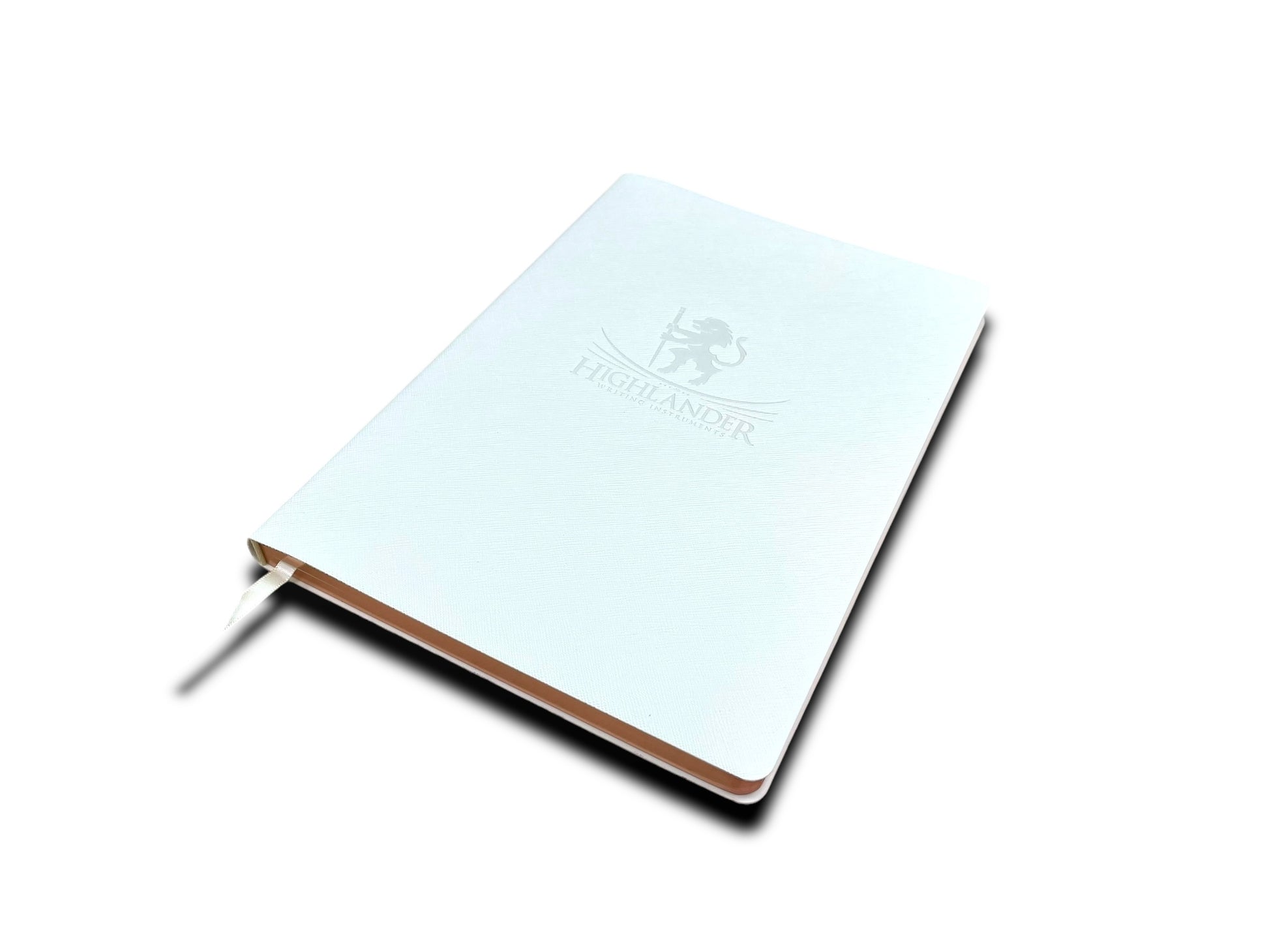 Large Saffiano PU White Leather Journal, 10” X 7”, 120 GSM, Rose Gold Gilded Edges, Satin Ribbon, 25 Lines/Page, 192 Pages, In Box. - HighlanderPen