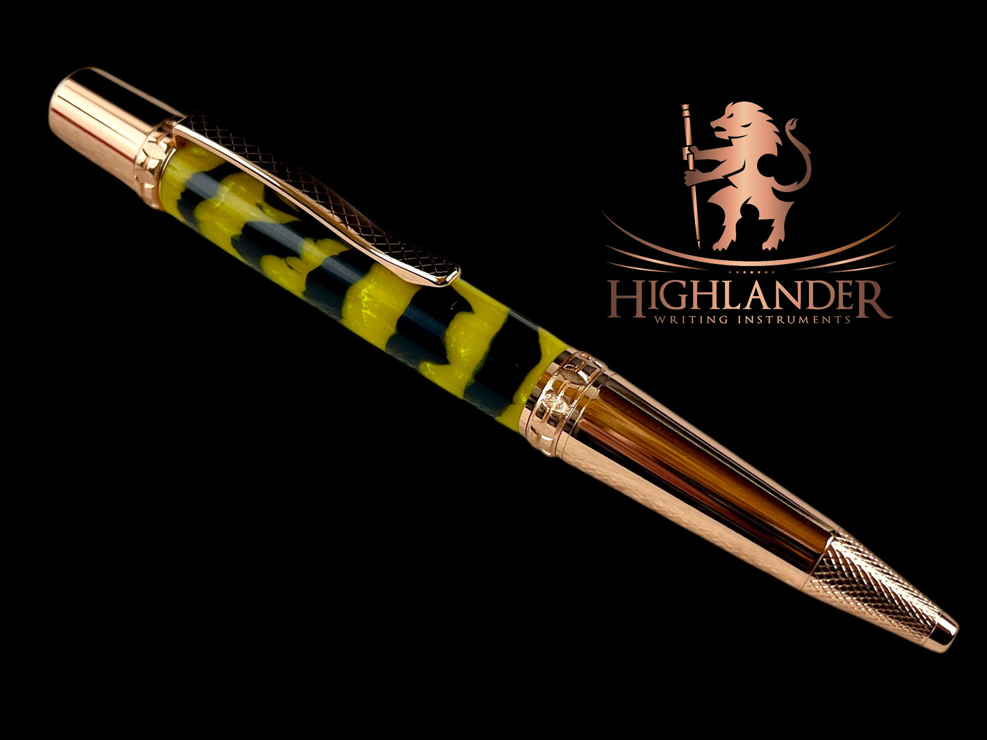 Rose Gold "Lemon Zebra" Handmade Glasgow Ballpoint Pen. One of a Kind, Handcrafted by Highlander Pen in CO. Box, Ink, & Sleeve Included. [ML-BP-1209-02]