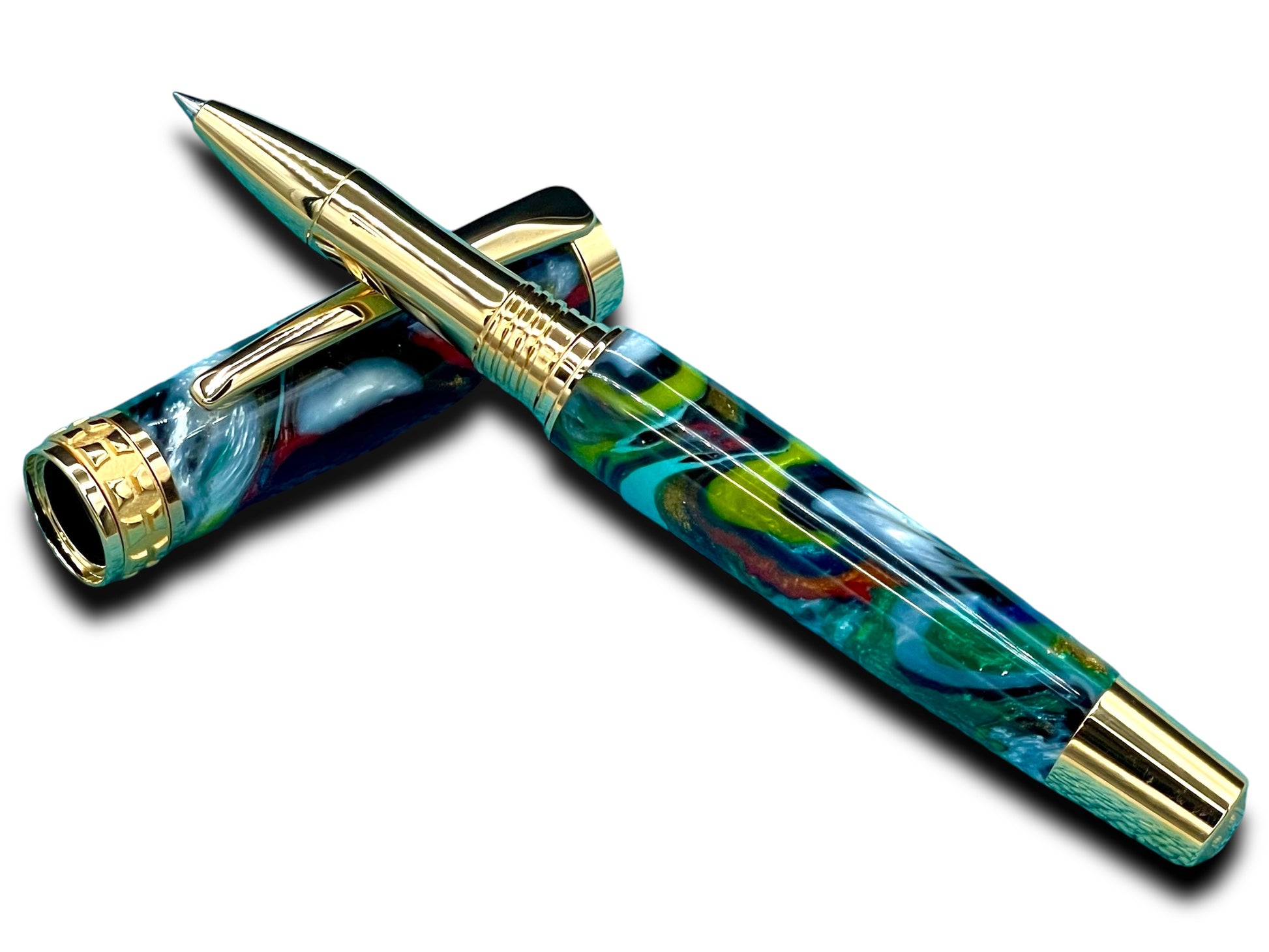 Elegant “Bright Swirls” Handcrafted Gold Rollerball Pen, One of a Kind, Handmade in Colorado. Ink, Velvet Sleeve, and Pen Box Included. - HighlanderPen