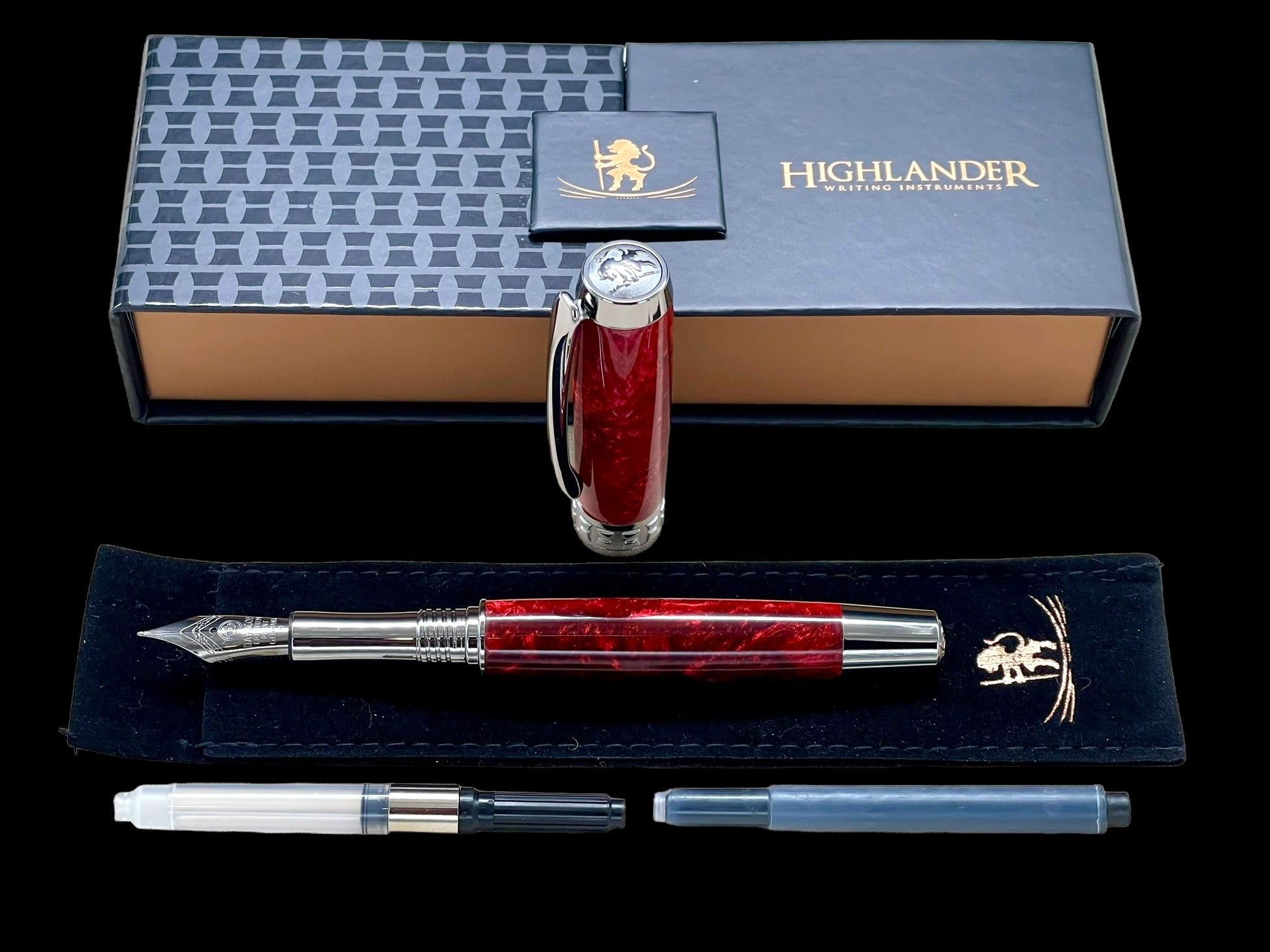 Elegant "Akai Red" Black Titanium Fountain Pen, Artisan Handcrafted Writing Instrument. Simple to Use. Custom Handmade in Colorado. - HighlanderPen