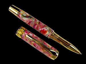 Gold “Tickled Pink” Handmade Rollerball Pen, One of a Kind, Handcrafted in CO. Ink, Velvet Sleeve, and Pen Box Included, By Highlander Pen. [ML-RB-1201-03]