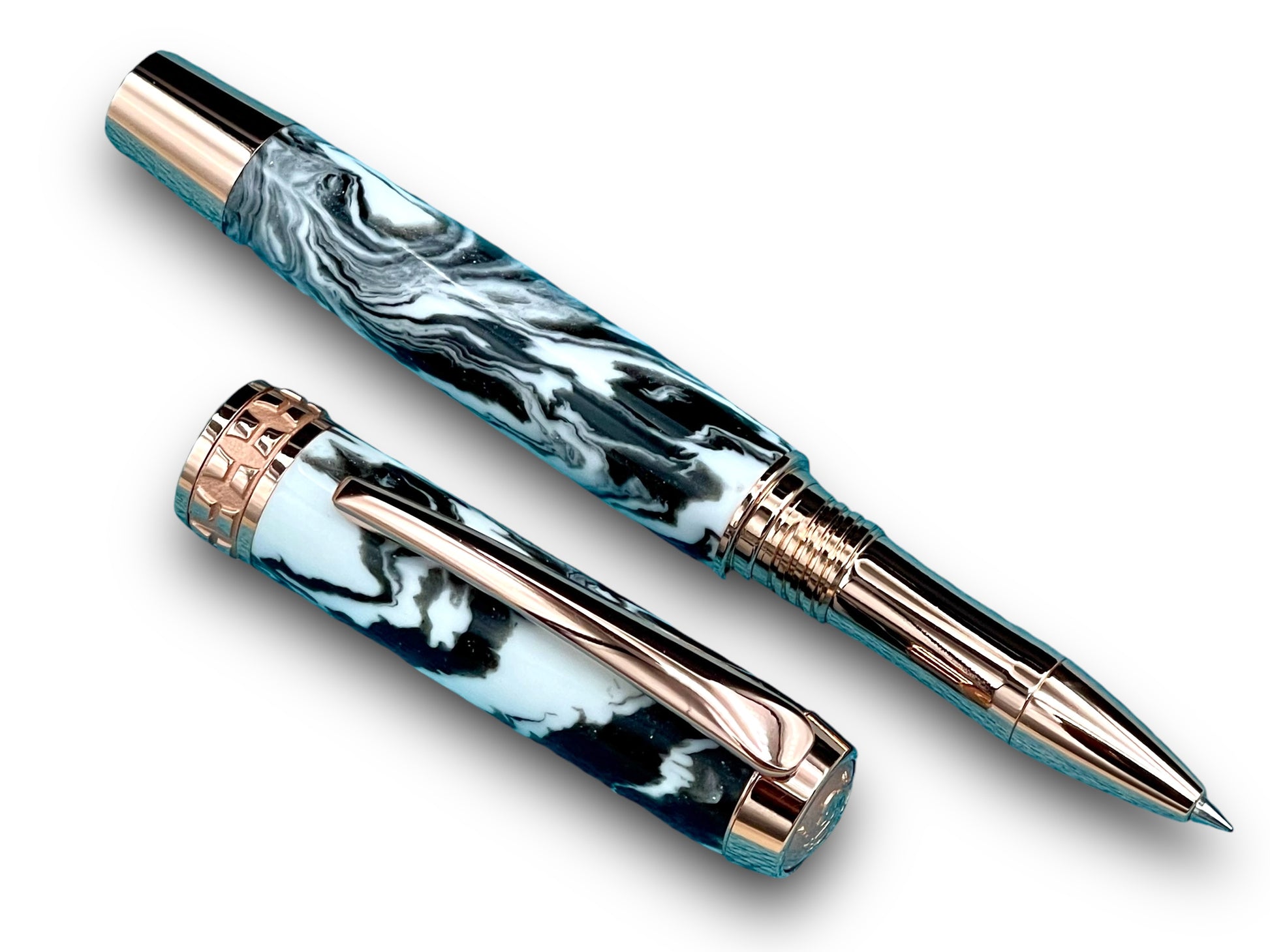 Timeless “Imperial Black” Rose Gold Acrylic Rollerball Pen, Artisan Handcrafted Writing Instrument. One of a Kind, with Box, Sleeve, & Ink. - HighlanderPen