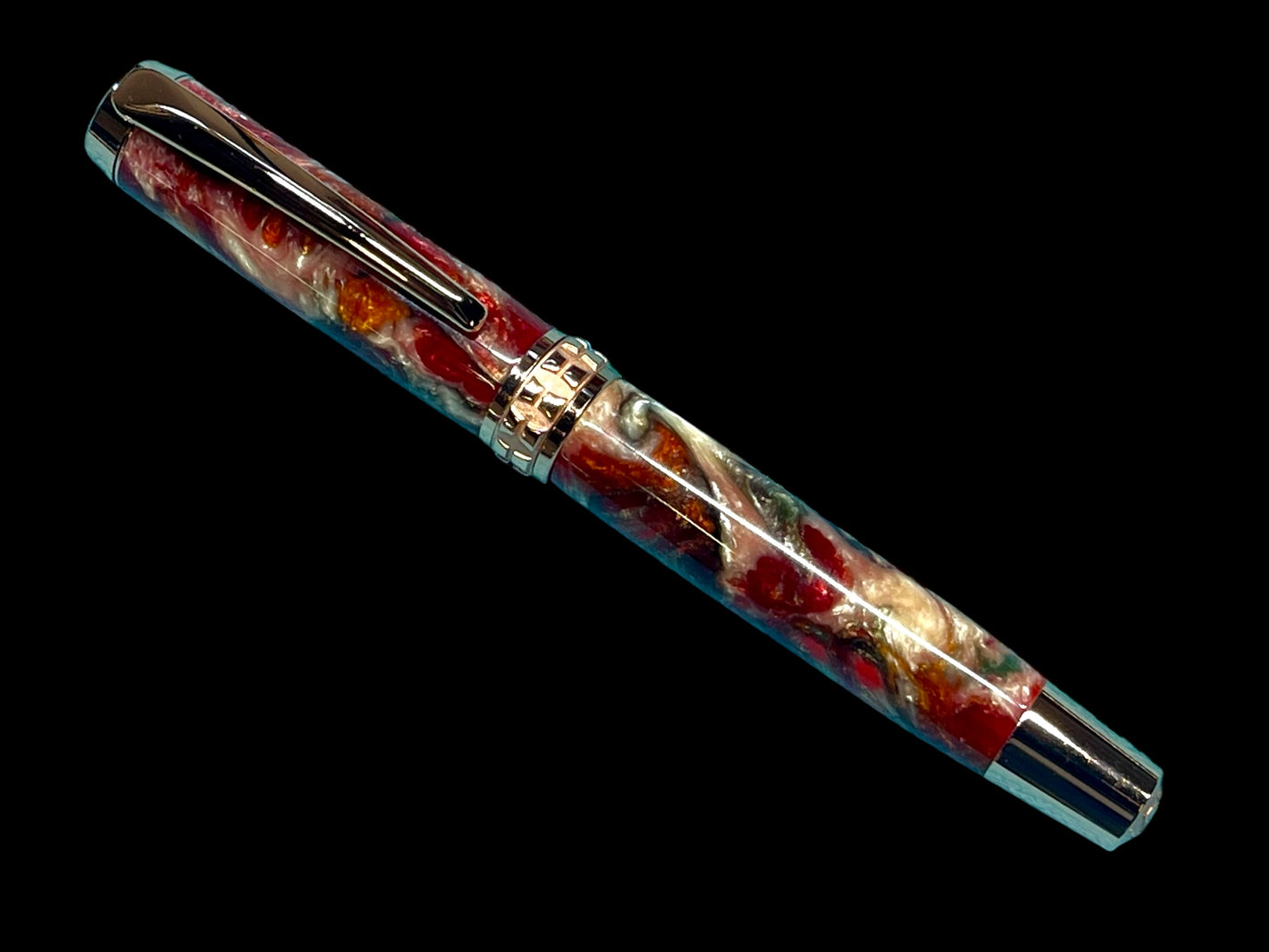 Elegant “Red Swirl”, Rose Gold Acrylic Rollerball Pen, Artisan Handcrafted Writing Instrument. One of a Kind, with Box, Felt Sleeve, & Ink. - HighlanderPen