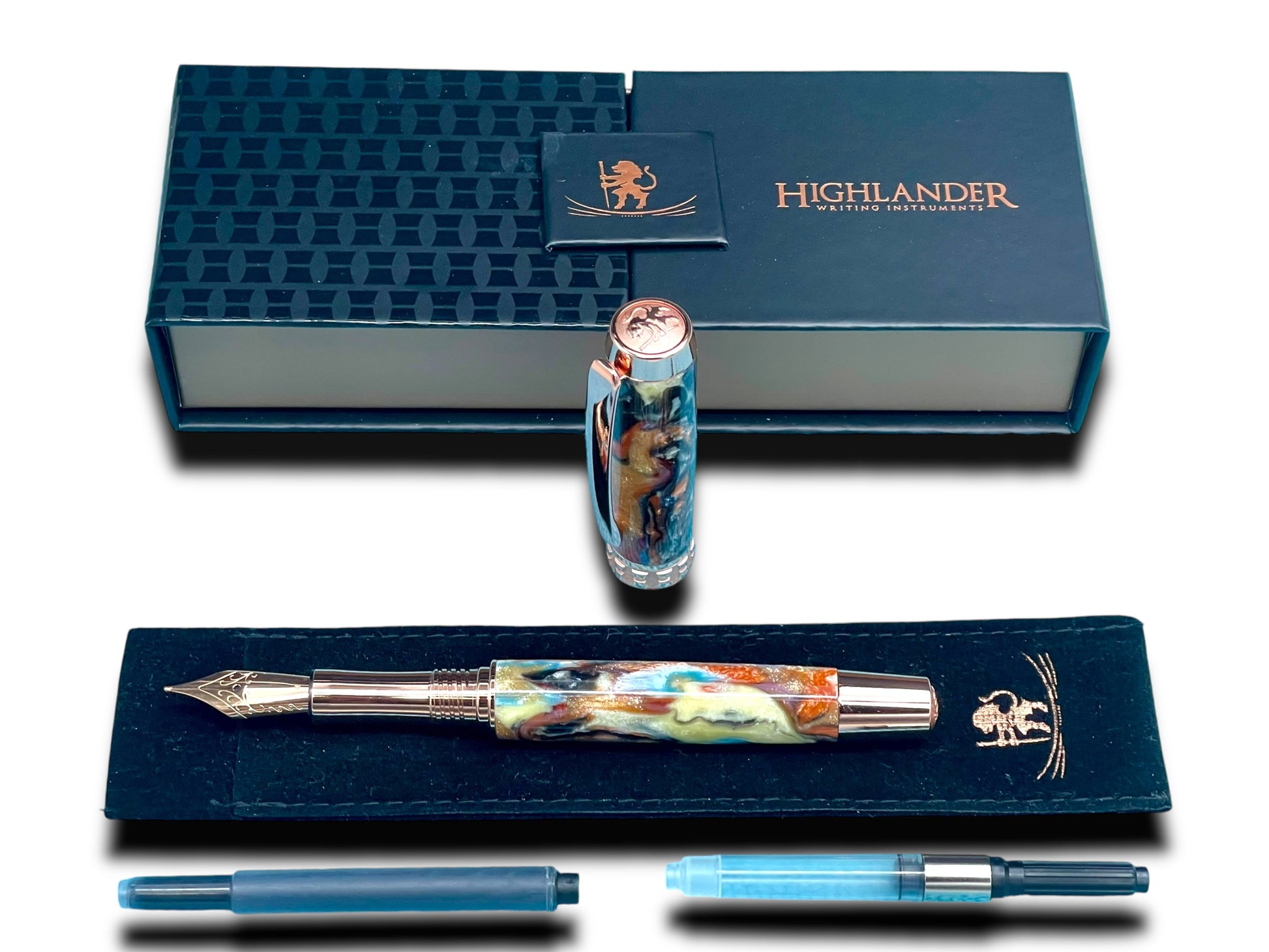 Elegant “Color Splash Acrylic” Rose Gold Fountain Pen, One of a Kind, Handmade in Colorado. Ink, Converter, Pen Sleeve & Box Included. - HighlanderPen