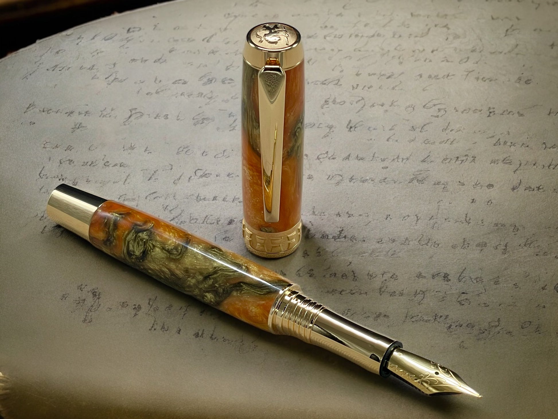 Striking “Orange Gold Swirl” Gold Fountain Pen, Artisan Handcrafted Writing Instrument. Simple to Use. Handmade with Custom Hardware in CO. - HighlanderPen