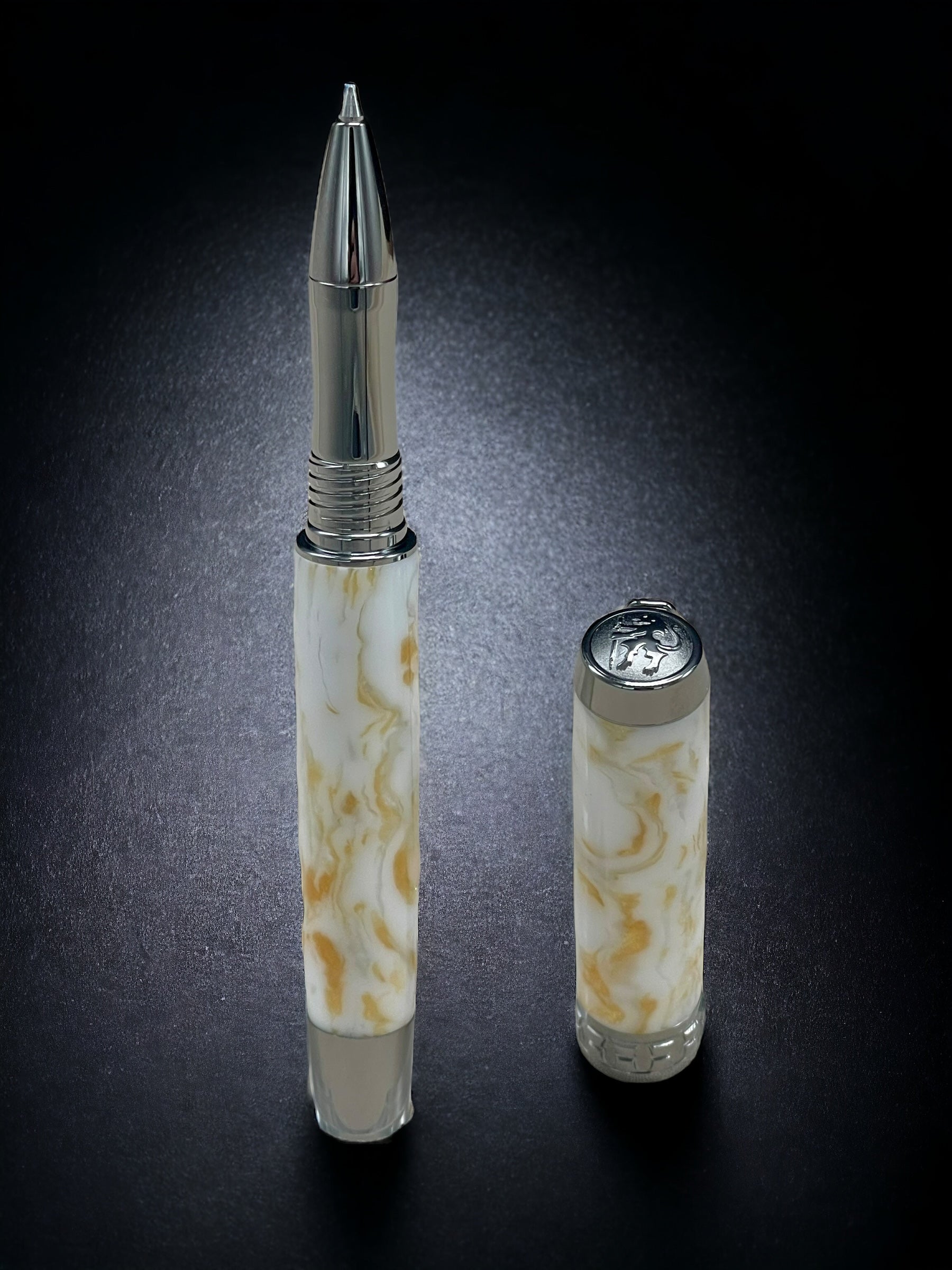 “Gold Marble”, One of a Kind, Handmade Custom Black Titanium Rollerball Pen. Artisan Rare & Unique, Completely Handcrafted in Colorado, USA. - HighlanderPen