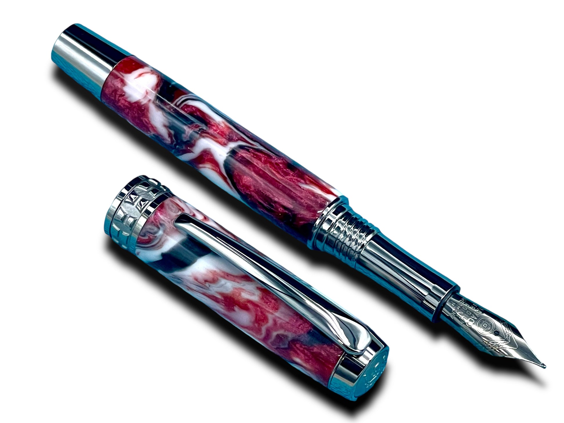 Elegant “Red Black Swirl” Black Titanium Fountain Pen, Artisan Handcrafted Writing Instrument. Converter, Ink, Sleeve & Box Included. - HighlanderPen