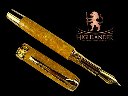 Gold “Mayan Gold” Handmade Fountain Pen, One of a Kind. Ink, Converter, Sleeve, & Box Included. Handcrafted in Colorado By Highlander Pen [ML-FP-1201-02]