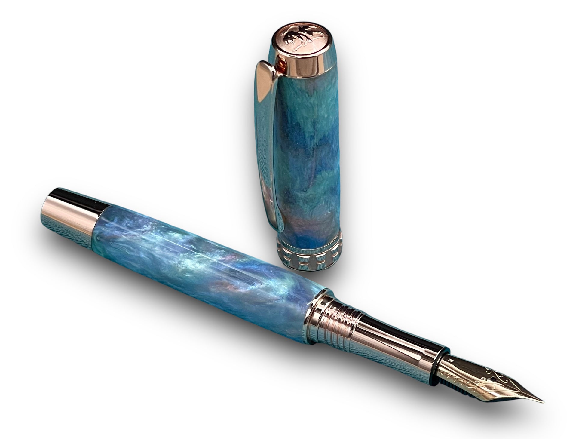 Elegant “Black Opal” Rose Gold Acrylic Fountain Pen, One of a Kind, Handmade in Colorado. Ink, Converter, Pen Sleeve & Box Included. - HighlanderPen