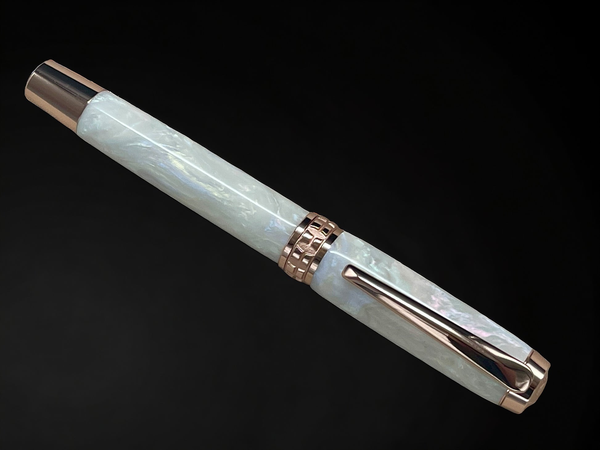 “Pearly Opal”, One of a Kind, Rose Gold, Handmade Custom Acrylic Fountain Pen. Artisan Rare & Unique, Completely Handcrafted in Colorado, USA - HighlanderPen