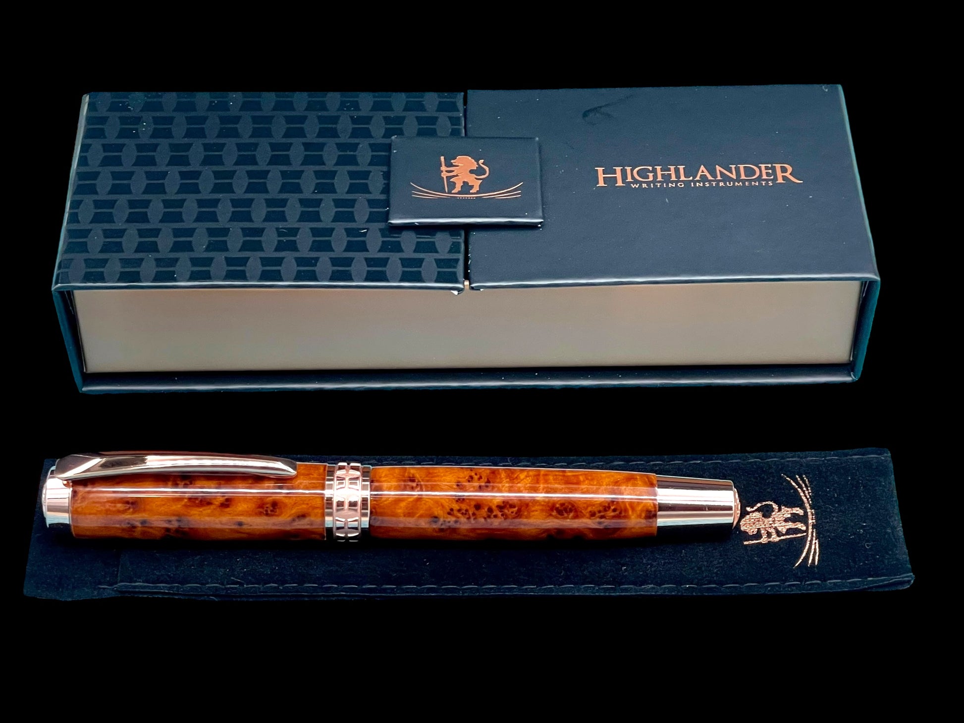 Exotic Thuya Burl Wood~Highlander Rose Gold Rollerball Pen, Artisan Handcrafted Writing Instrument. One of a Kind, with Box, Sleeve, & Ink. (ML-RB-0926-01) - HighlanderPen