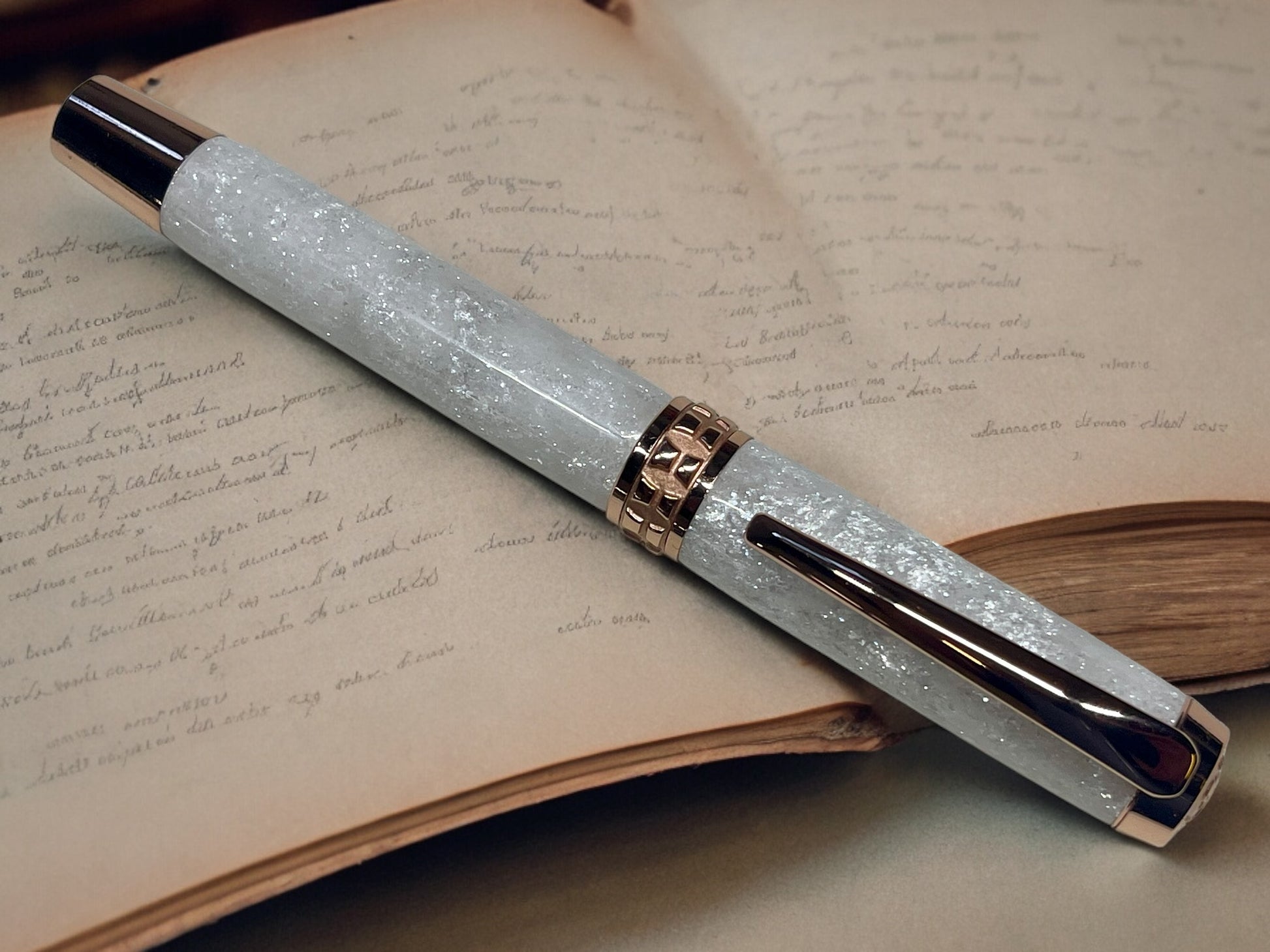 “Bling”, Rose Gold Acrylic Rollerball Pen, Artisan Handcrafted Writing Instrument. Handmade Custom in Colorado. One of a Kind. - HighlanderPen