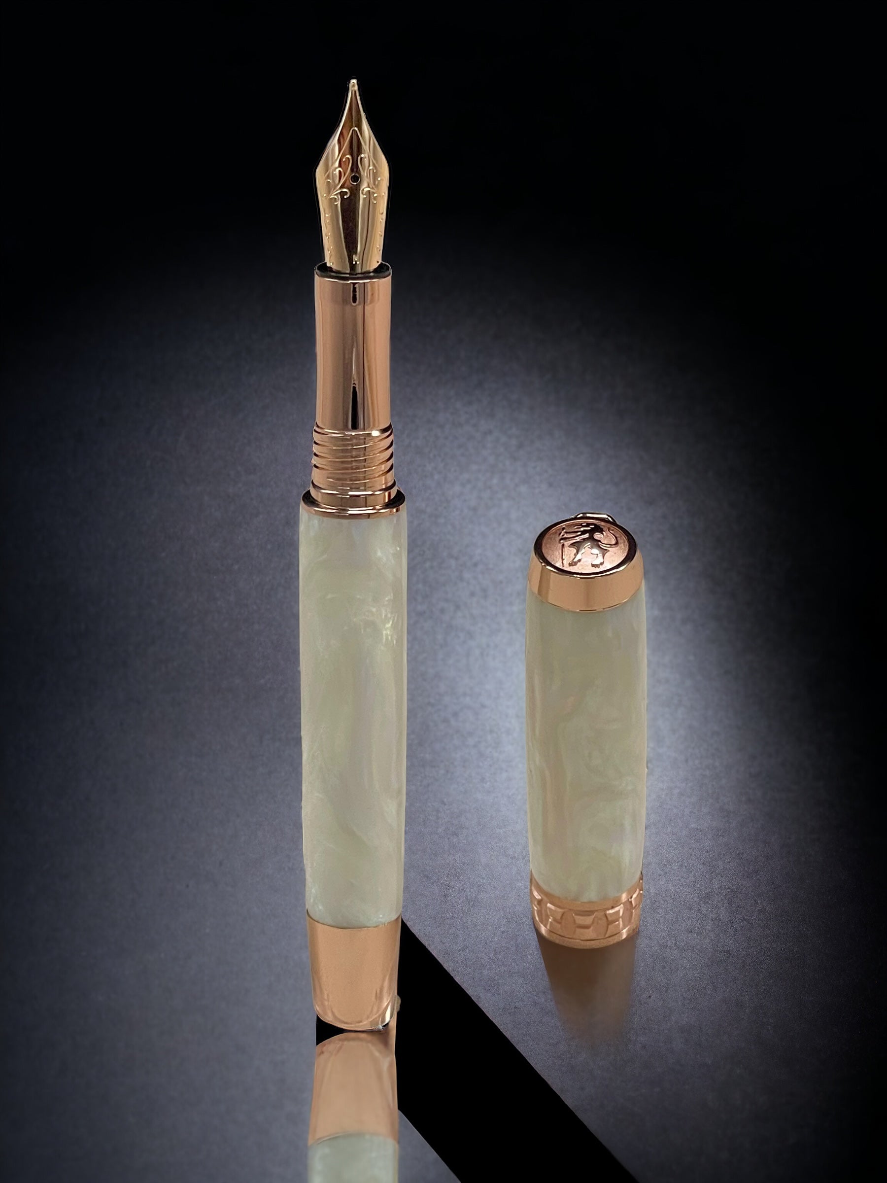 “Pearly Opal”, One of a Kind, Rose Gold, Handmade Custom Acrylic Fountain Pen. Artisan Rare & Unique, Completely Handcrafted in Colorado, USA - HighlanderPen