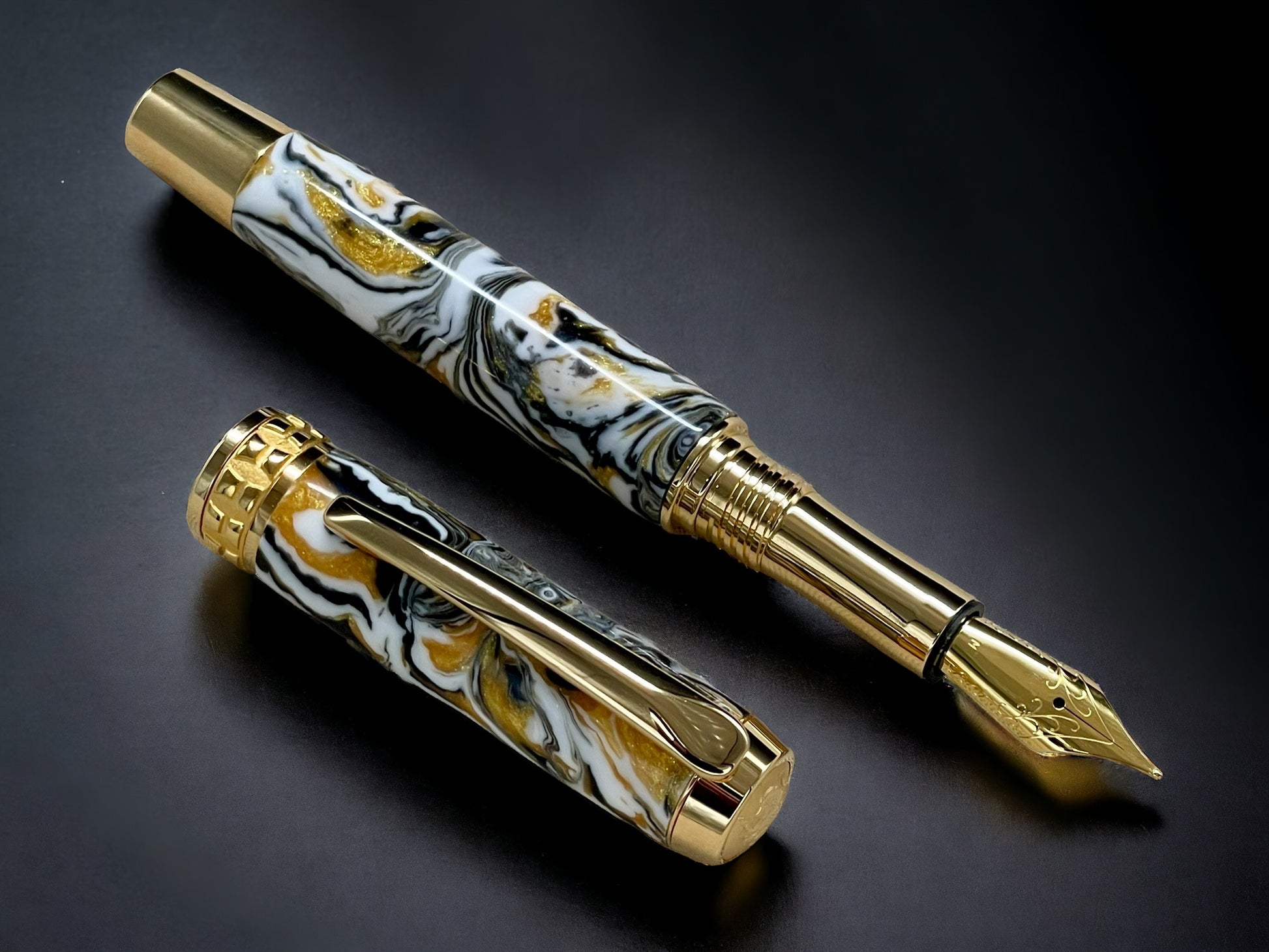 “Striking Swirl” Gold Fountain Pen, Artisan Handcrafted Writing Instrument. Simple to Use. Handmade with Custom Hardware in CO, One of a Kind. - HighlanderPen