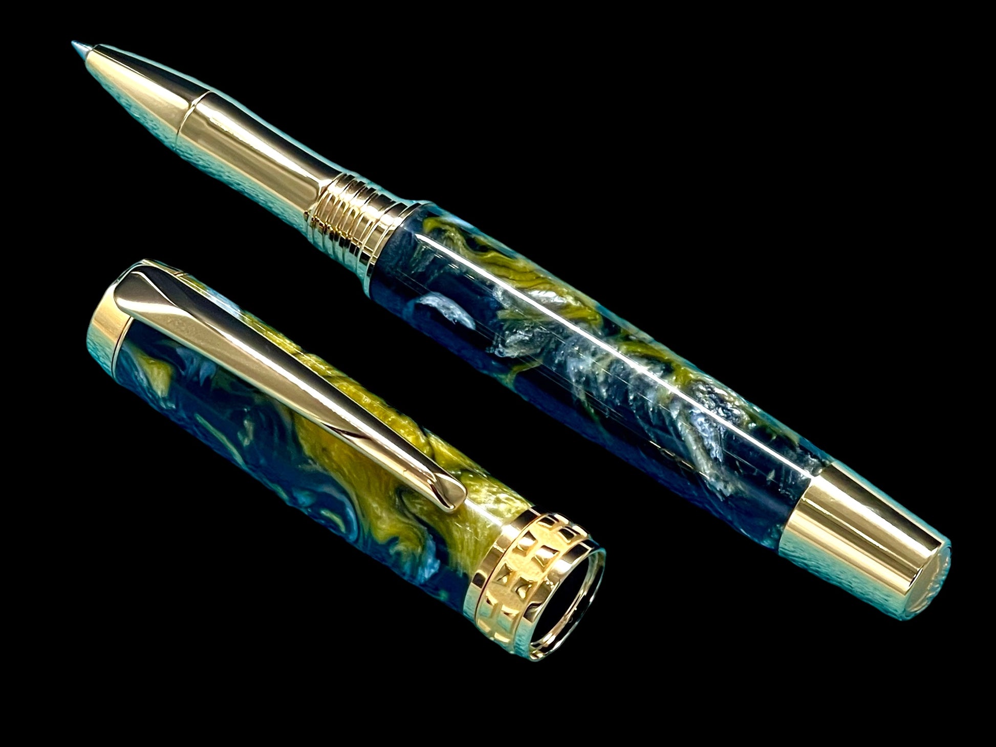 Handcrafted Luxury Gold Rollerball Pen, One of a Kind, Handmade in Colorado with Premium Hardware. Ink, Velvet Sleeve, and Pen Box Included. - HighlanderPen