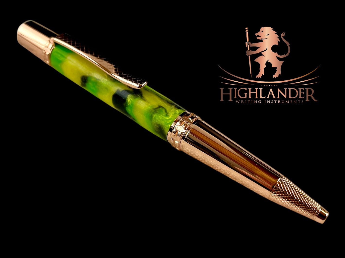 Rose Gold "Striking Green" Handmade Glasgow Ballpoint Pen. One of a Kind, Handcrafted by Highlander Pen in CO. Box, Ink, & Sleeve Included. [ML-BP-1130-01]