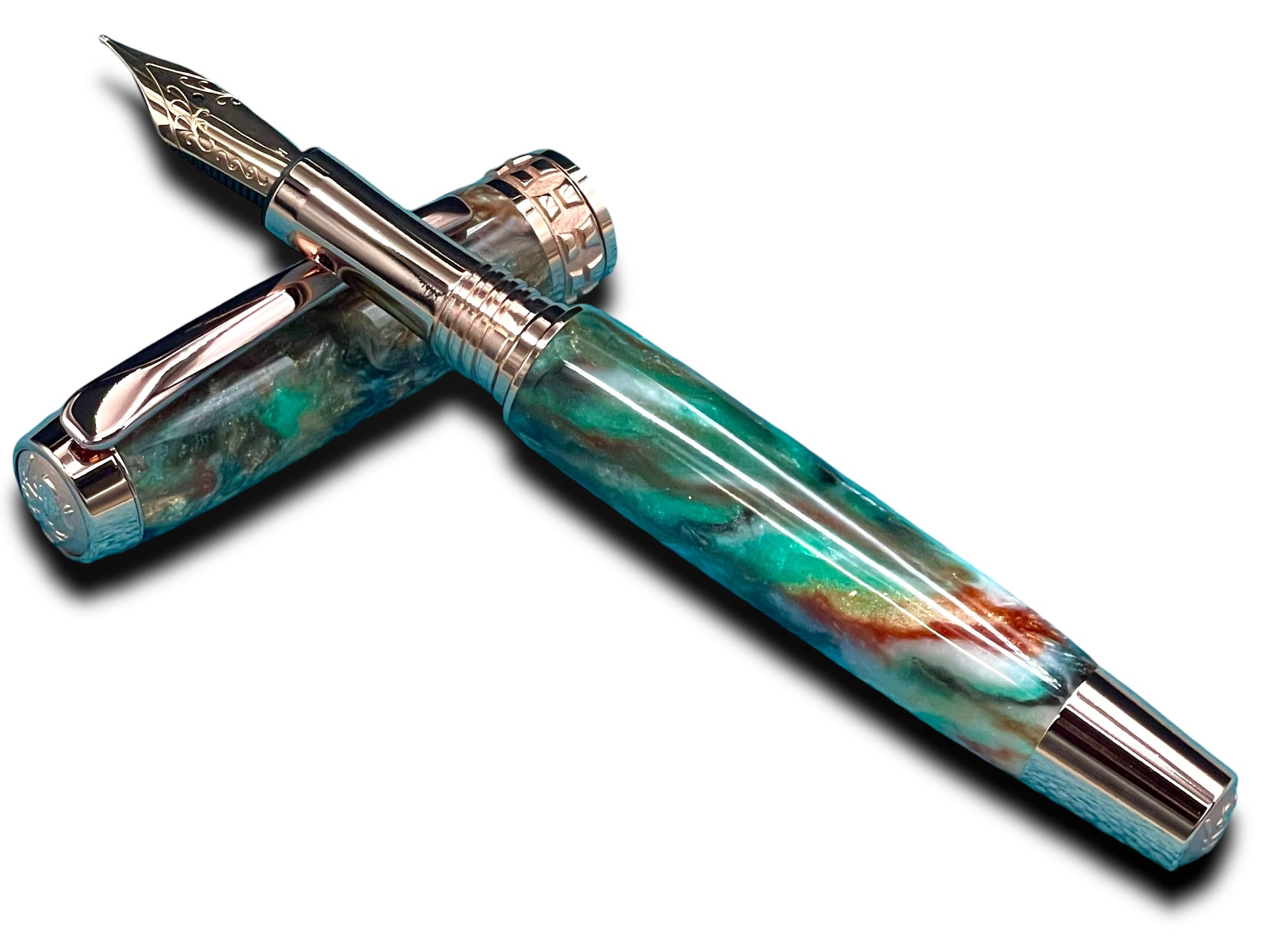 Striking “Green-Bronze Acrylic” Rose Gold Fountain Pen, One of a Kind, Handmade in Colorado. Ink, Converter, Pen Sleeve & Box Included. - HighlanderPen