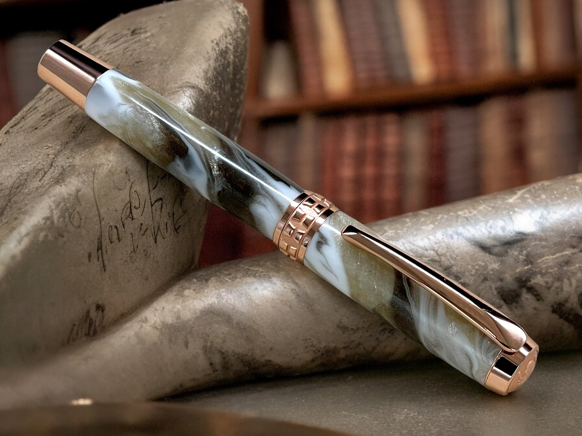 Elegant “Swirling Marble” Rose Gold Fountain Pen, Artisan Handcrafted Writing Instrument. Simple to Use. Handmade in CO USA. One of a Kind - HighlanderPen