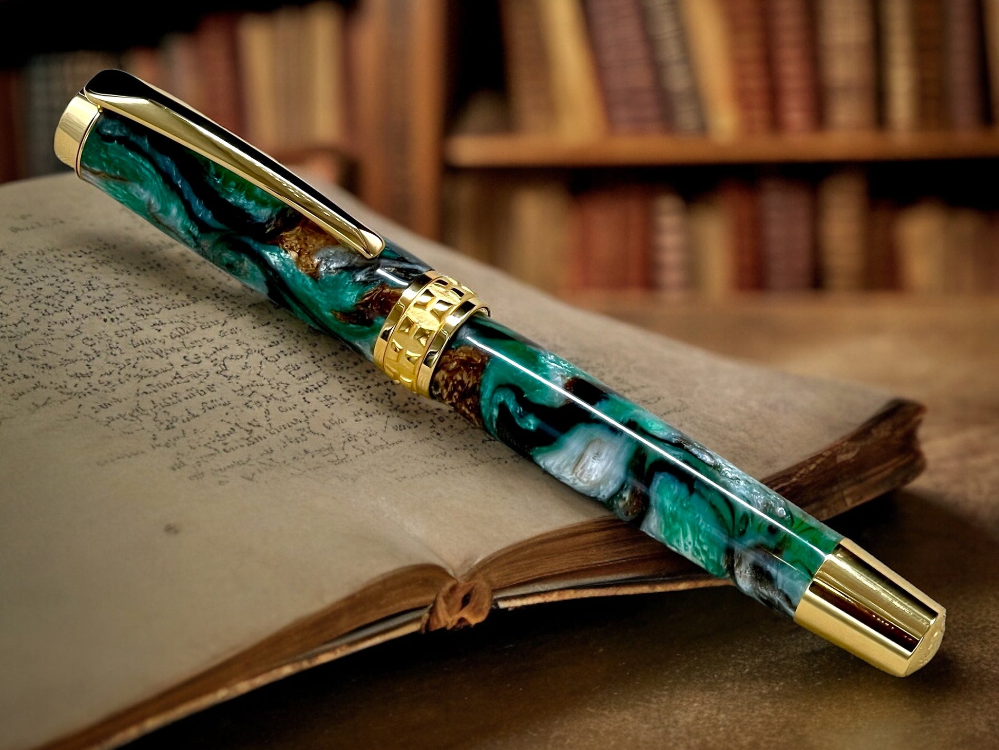 Elegant “Green & Bronze Swirl" Gold Rollerball Pen, Artisan Handcrafted Writing Instrument. Handmade Custom in Colorado. One of a Kind. - HighlanderPen