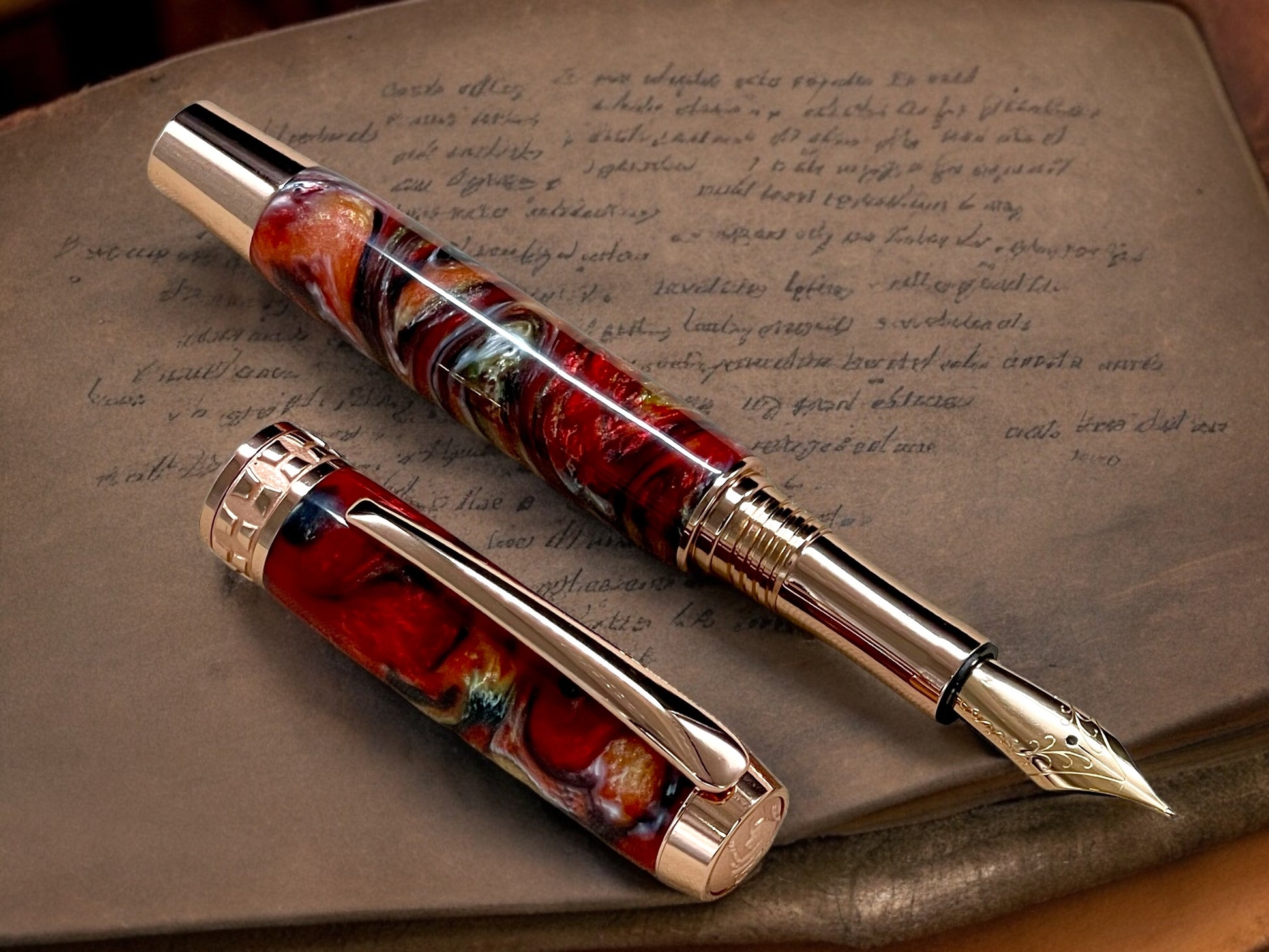 Striking “Italian Sportscar” Rose Gold Fountain Pen, Artisan Handcrafted Writing Instrument. Simple to Use. Handmade Custom in Colorado. - HighlanderPen